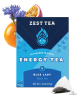 Zest Energy Tea Bags - Blue Lady Passion Fruit Black Tea - High Caffeine Tea for Morning Energy, Focus & Clarity - Natural Caffeinated Tea with 150mg