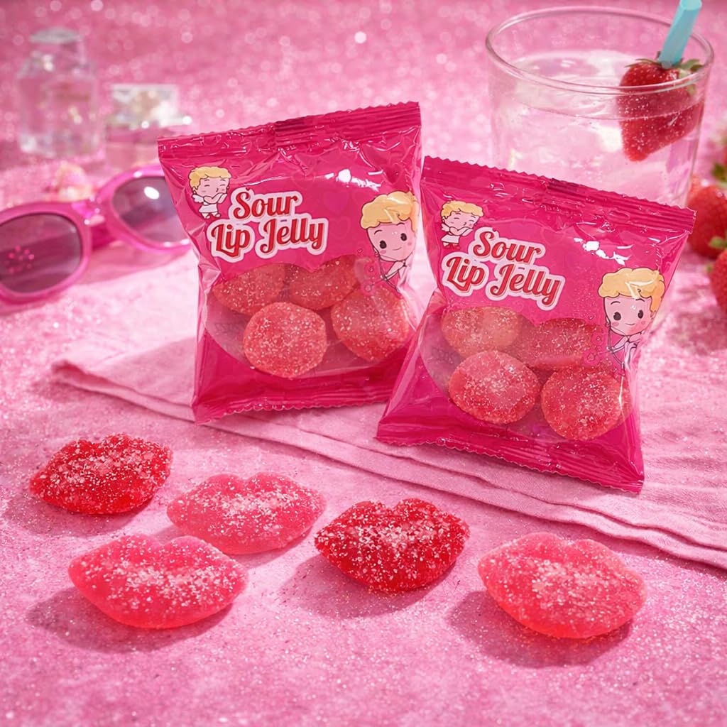 4E's Novelty 30 Packs Sour Lip Gummies, Strawberry Flavor Sour Pucker Up Gummy, Small Individually Wrapped Bulk (4 Jellies per Bag) Classroom Exchange
