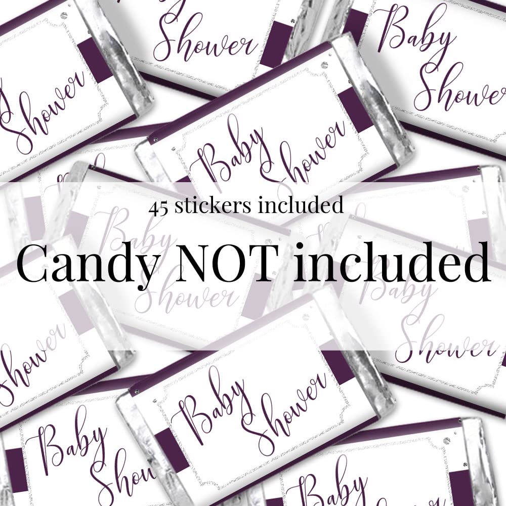 Amanda Creation Striped Purple & Silver Baby Sprinkle Baby Shower Mini Chocolate Candy Bar Sticker Wrappers, 45 1.4" x 2.6" Wrap Around Labels, Great
