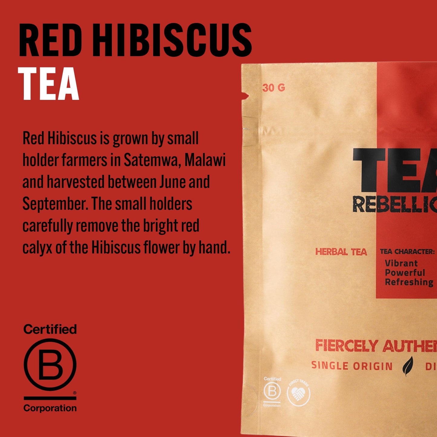 Tea Rebellion | Handpicked Red Hibiscus Herbal Tea | Vitamin-C Rich & Refreshing | Vibrant, Powerful, Refreshing | 30G Loose Leaf Tea
