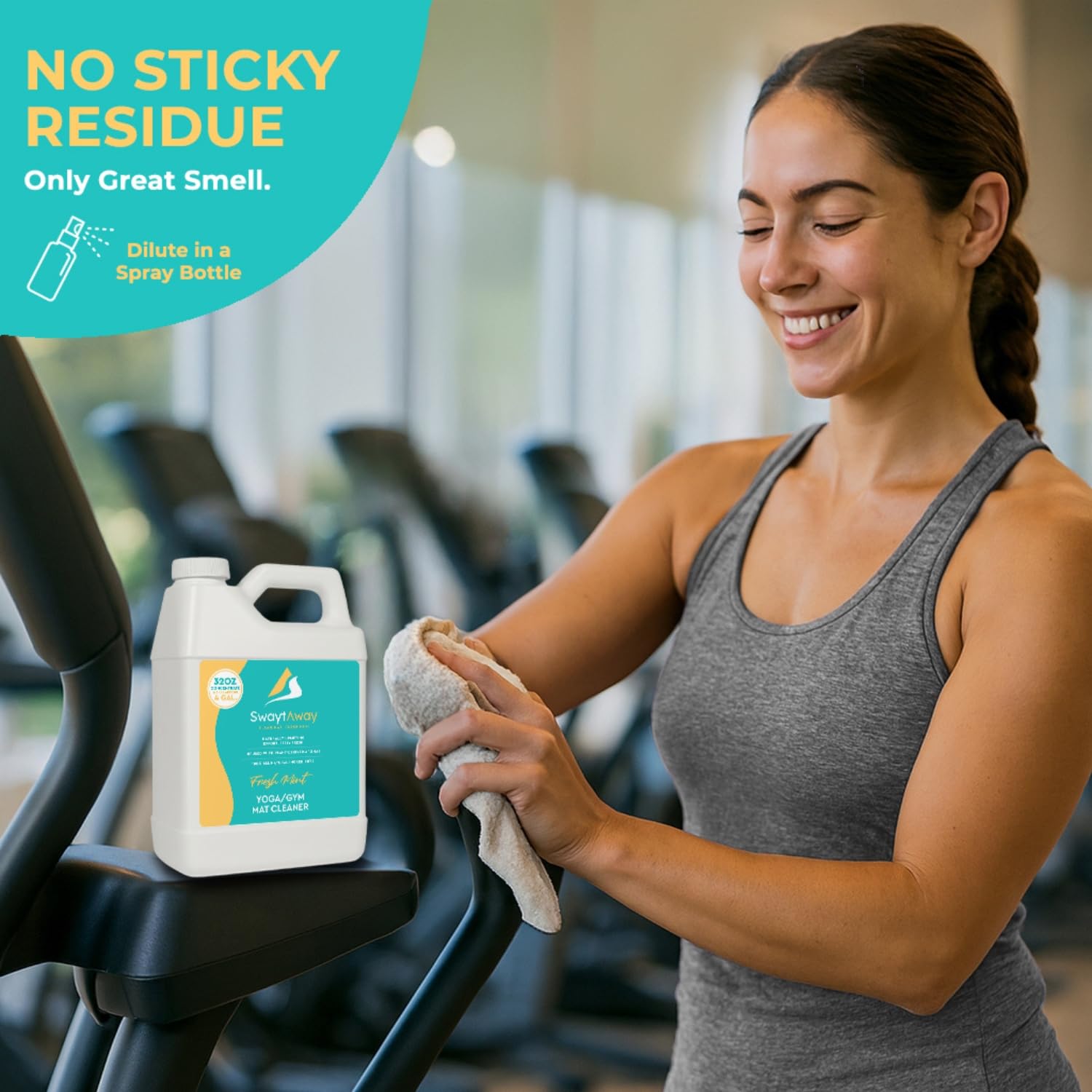 SwaytAway Fitness Mat Cleaner Concentrate - 32oz/Make 4 Gal - No-Slip No-Residue Fresh Mint Essential Oil Formula - USA Made Aromatherapy Yoga Mat