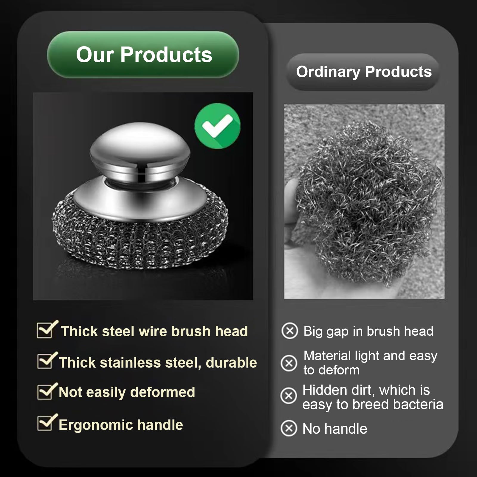 Onewly 2Pack Steel Wool Scrubber with Handle, Stainless Steel Scrubber for Cleaning Cast Iron, Dishes, Stock Pots, Pans, Griddles, Grills, Silver