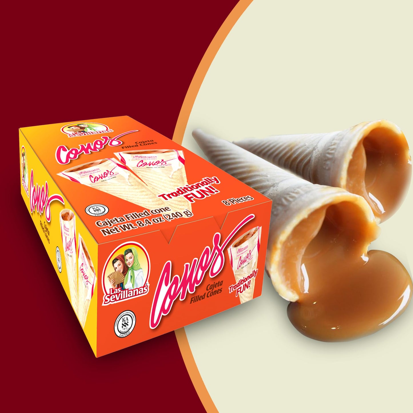 Las Sevillanas Cajeta Filled Wafer Cones - Traditional Mexican Candy, Sweet Dessert Treats - Dulce de Leche-Caramel Sauce | Crispy Waffle - Perfect