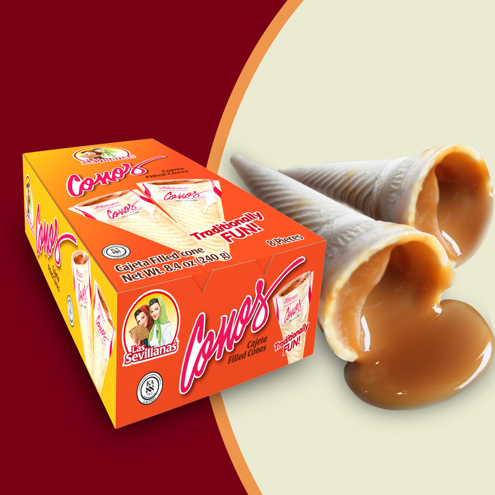 Las Sevillanas Cajeta Filled Wafer Cones - Traditional Mexican Candy, Sweet Dessert Treats - Dulce de Leche-Caramel Sauce | Crispy Waffle - Perfect