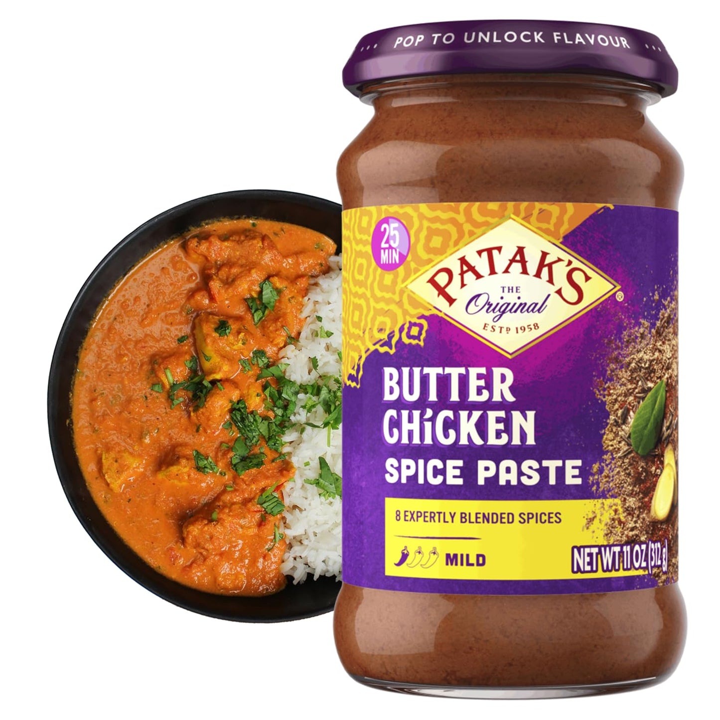 Patak's Butter Chicken Spice Paste, Mild Indian Curry with 8 Expertly Blended Spices, Gluten-Free & Vegan, Flavorful Base for Home Cooking & More, 10