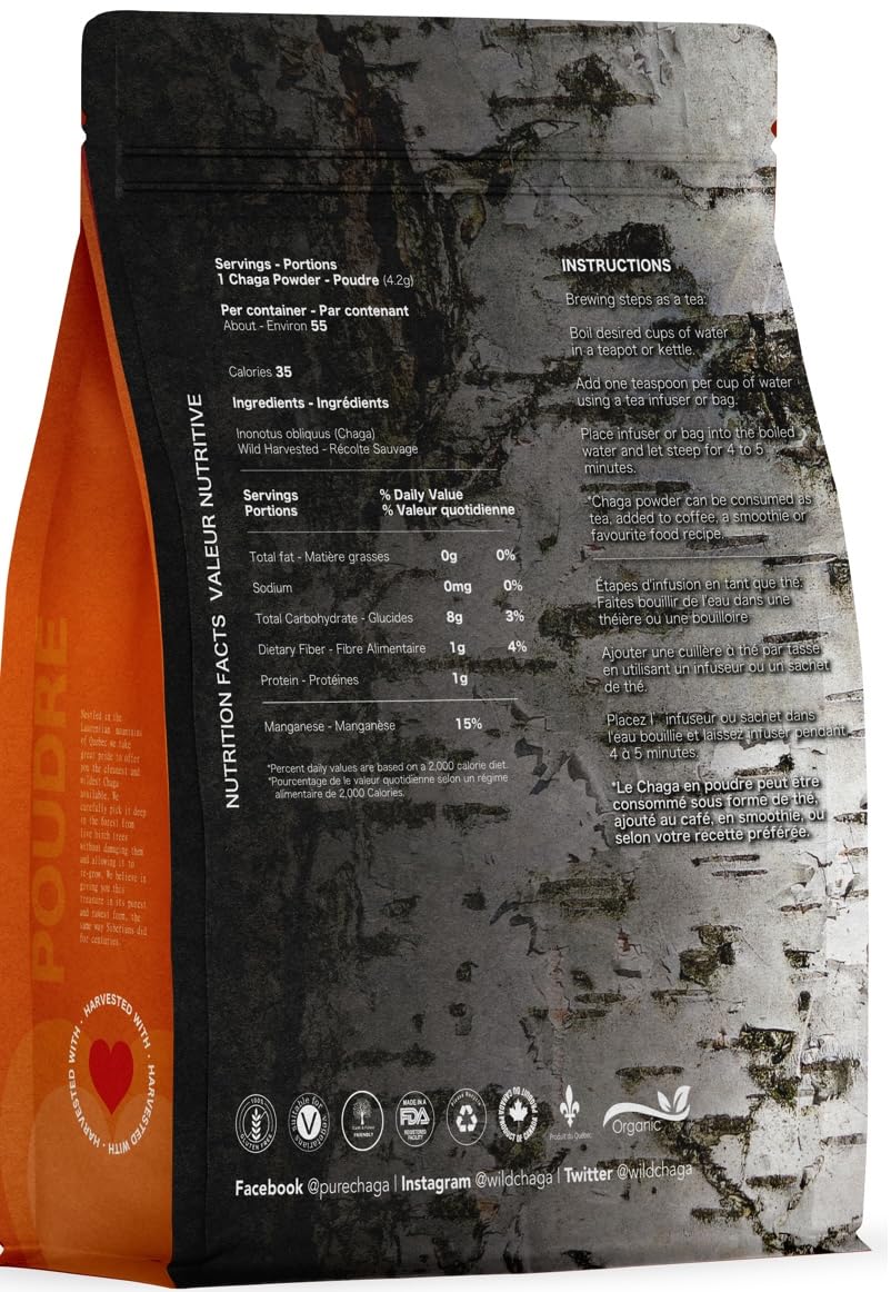 Premium Organic Chaga Mushroom Powder - 8 oz of Authentic 100% Wild Harvested Canadian Chaga Tea