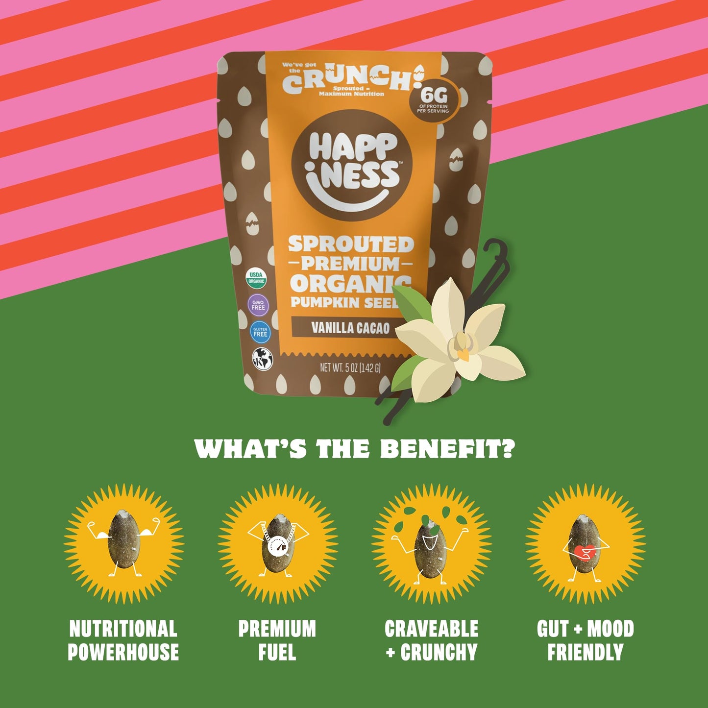 Happiness Foods™ Vanilla Cacao - Sprouted Organic Raw Pumpkin Seeds - High Protein, Certified USDA Organic, Non-GMO, Low Carb, Vegan, Gluten-Free