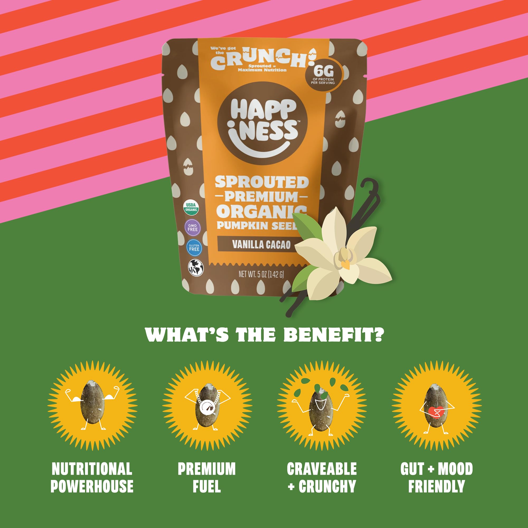 Happiness Foods™ Vanilla Cacao - Sprouted Organic Raw Pumpkin Seeds - High Protein, Certified USDA Organic, Non-GMO, Low Carb, Vegan, Gluten-Free