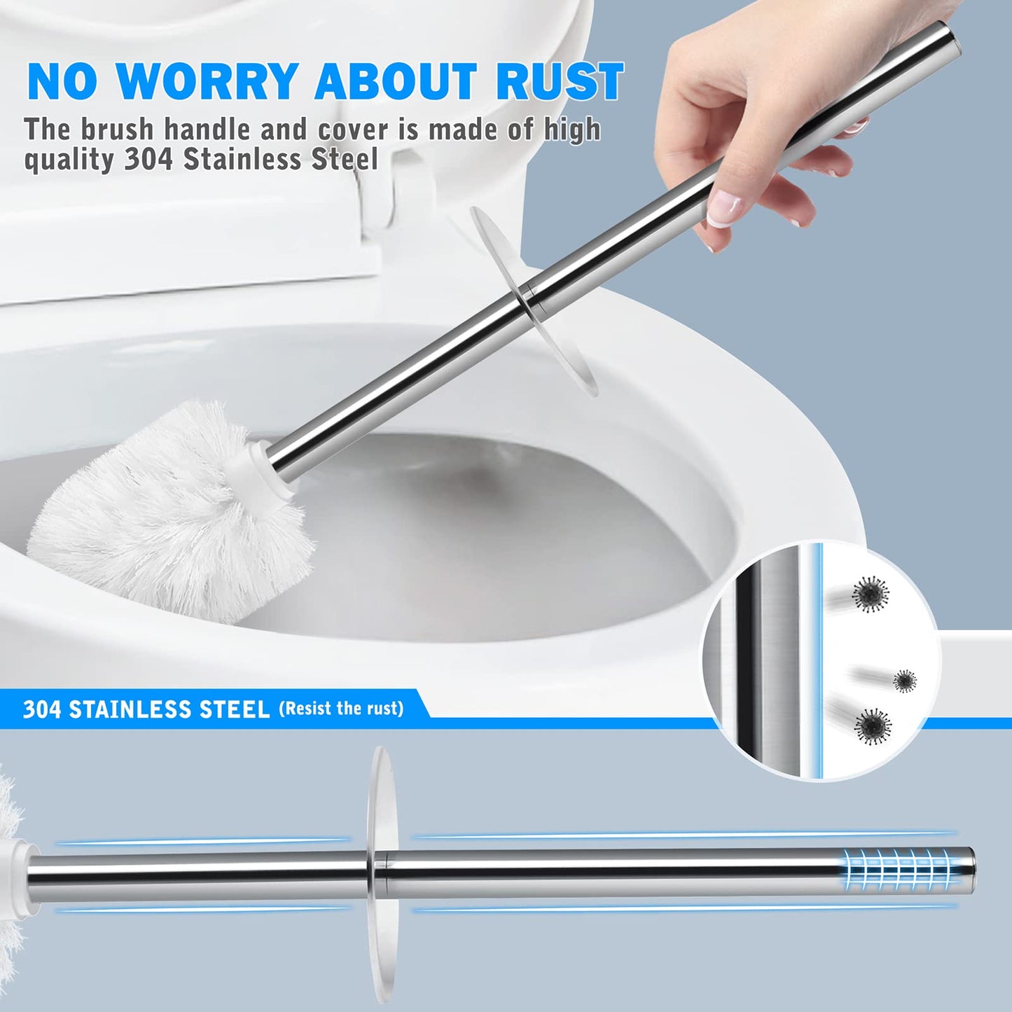 Toilet Brush and Holder, 2 Pack Toilet Brush with 304 Stainless Steel Long Handle, Toilet Bowl Brush for Bathroom Toilet-Ergonomic, Elegant,Durable