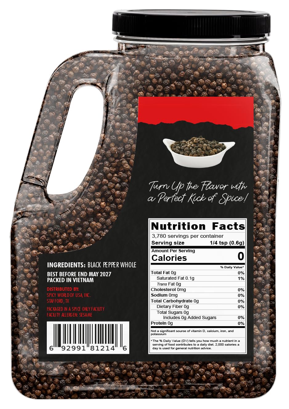 Black Peppercorns Whole 5 LB Bulk Jar - Premium Whole Black Pepper, All Natural, Gluten Free, Steam Sterilized - Restaurant Supply & Pepper Grinder