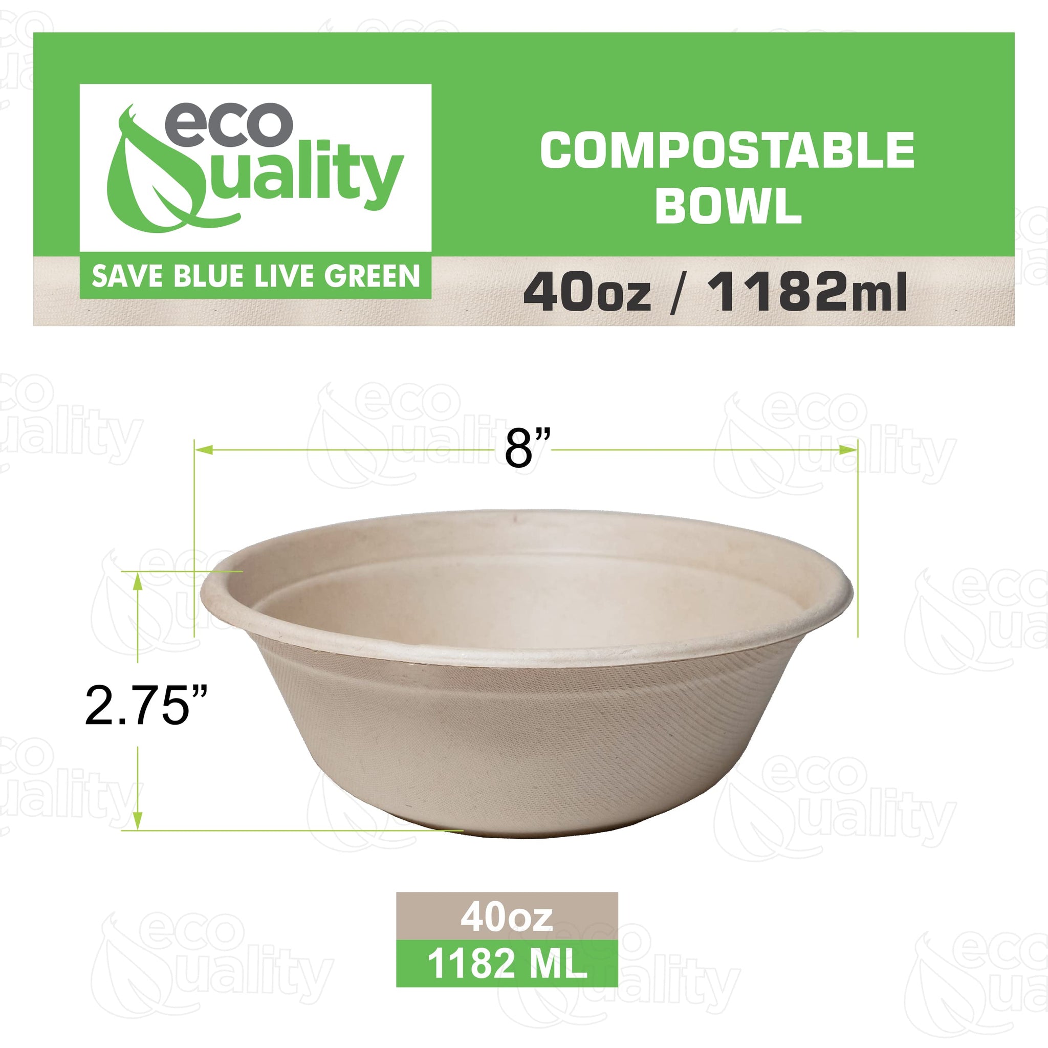 EcoQuality [150 Pack] 40 oz Round Disposable Compostable Paper Bowls Heavy-Duty, Eco-Friendly Natural Bagasse Unbleached, Heat Resistant, 100%