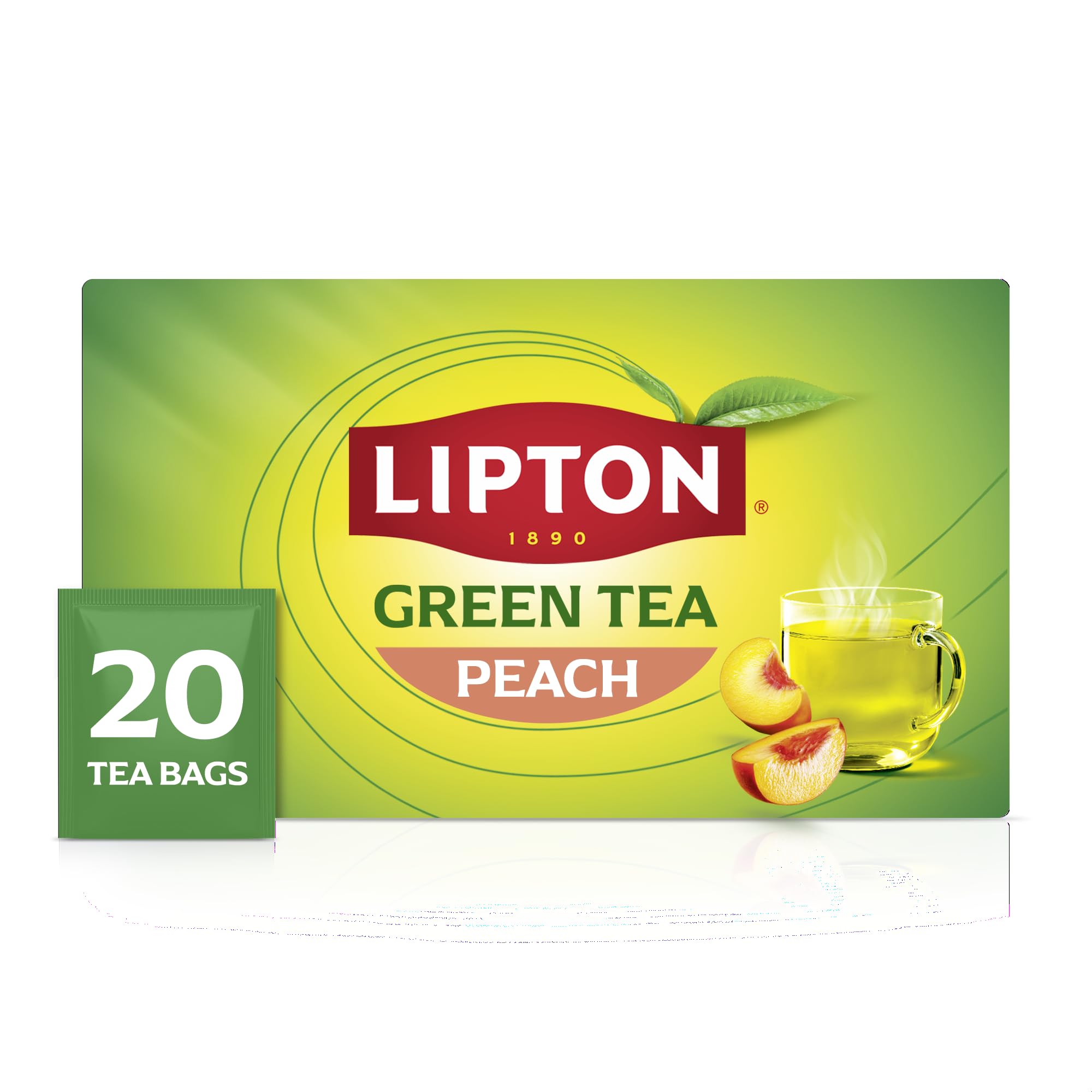 Lipton Peach Green Tea Bags, Flavored, Unsweetened Teabags for Hot Tea or Peach Iced Tea with Caffeine and Flavonoids, 20 Total Tea Bags