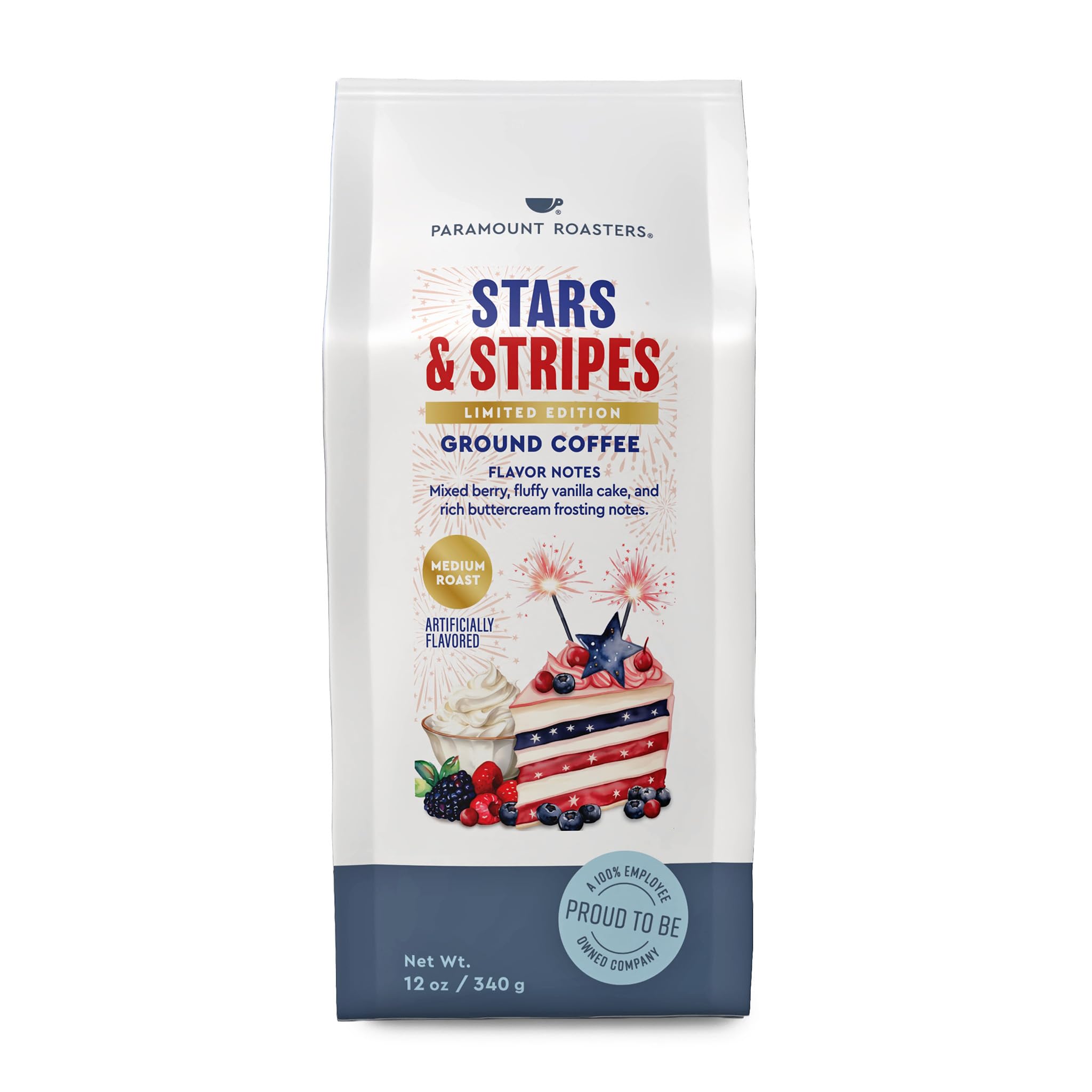 Paramount Roasters Stars & Stripes Birthday Cake Flavored Coffee, 12oz Ground 100% Arabica - Buttercream & Mixed Berry, Patriotic Limited Edition