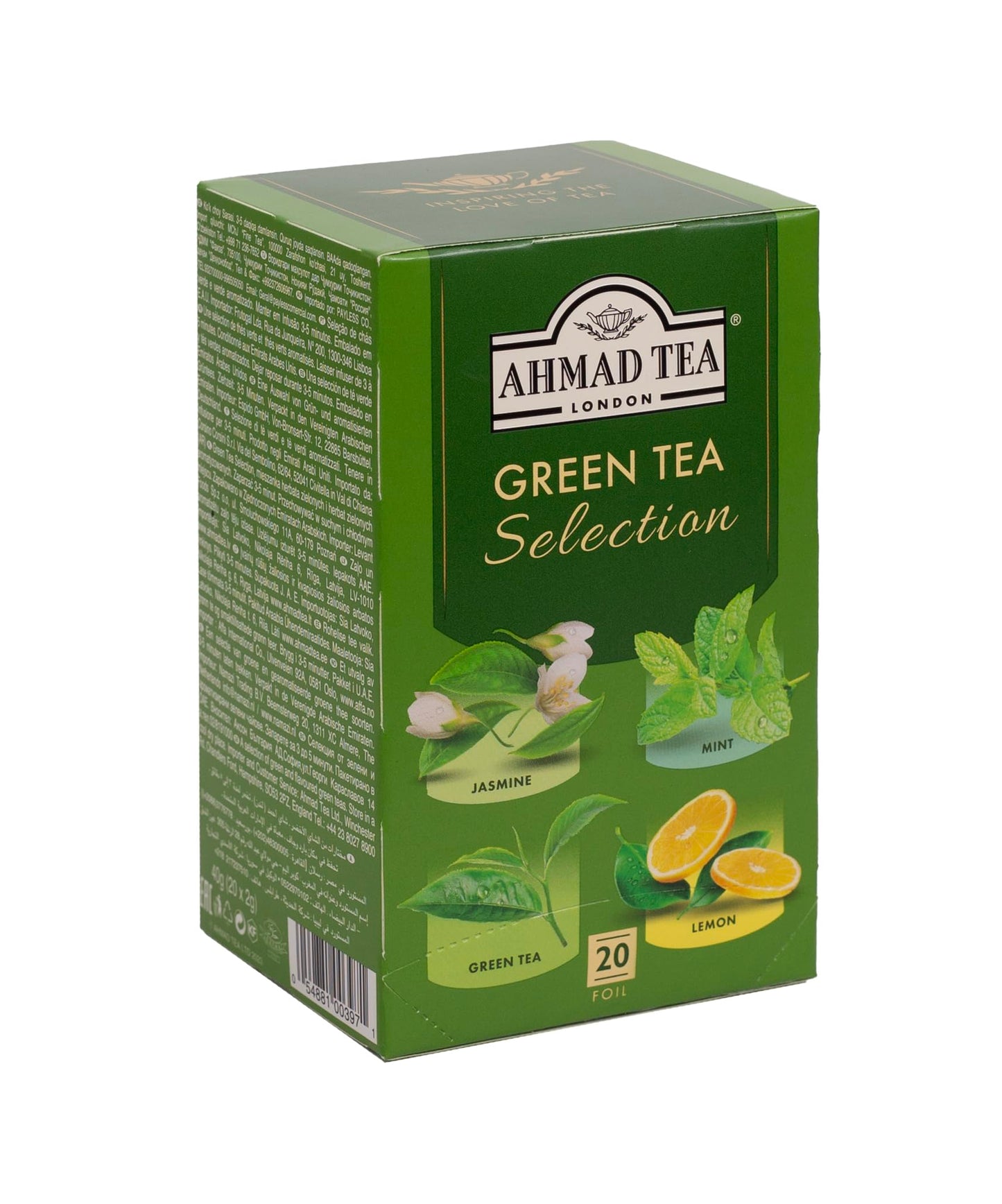 Ahmad Tea Green Tea, Green Tea Selection, Lemon Green Tea, Jasmine Green Tea, Mint Green Tea, & Green Tea Teabags, 20 ct (Pack of 1) - Caffeinated