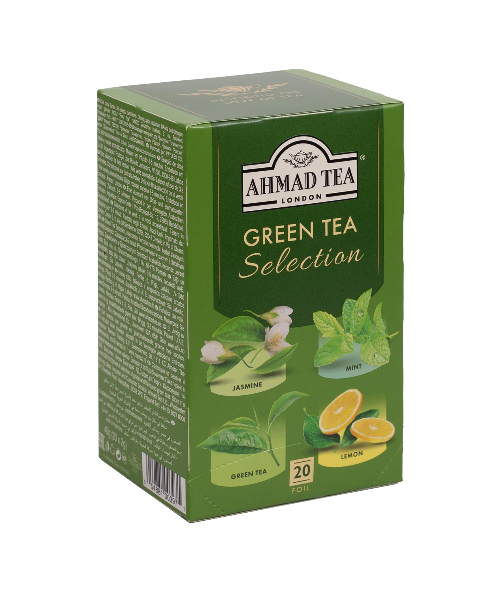 Ahmad Tea Green Tea, Green Tea Selection, Lemon Green Tea, Jasmine Green Tea, Mint Green Tea, & Green Tea Teabags, 20 ct (Pack of 1) - Caffeinated