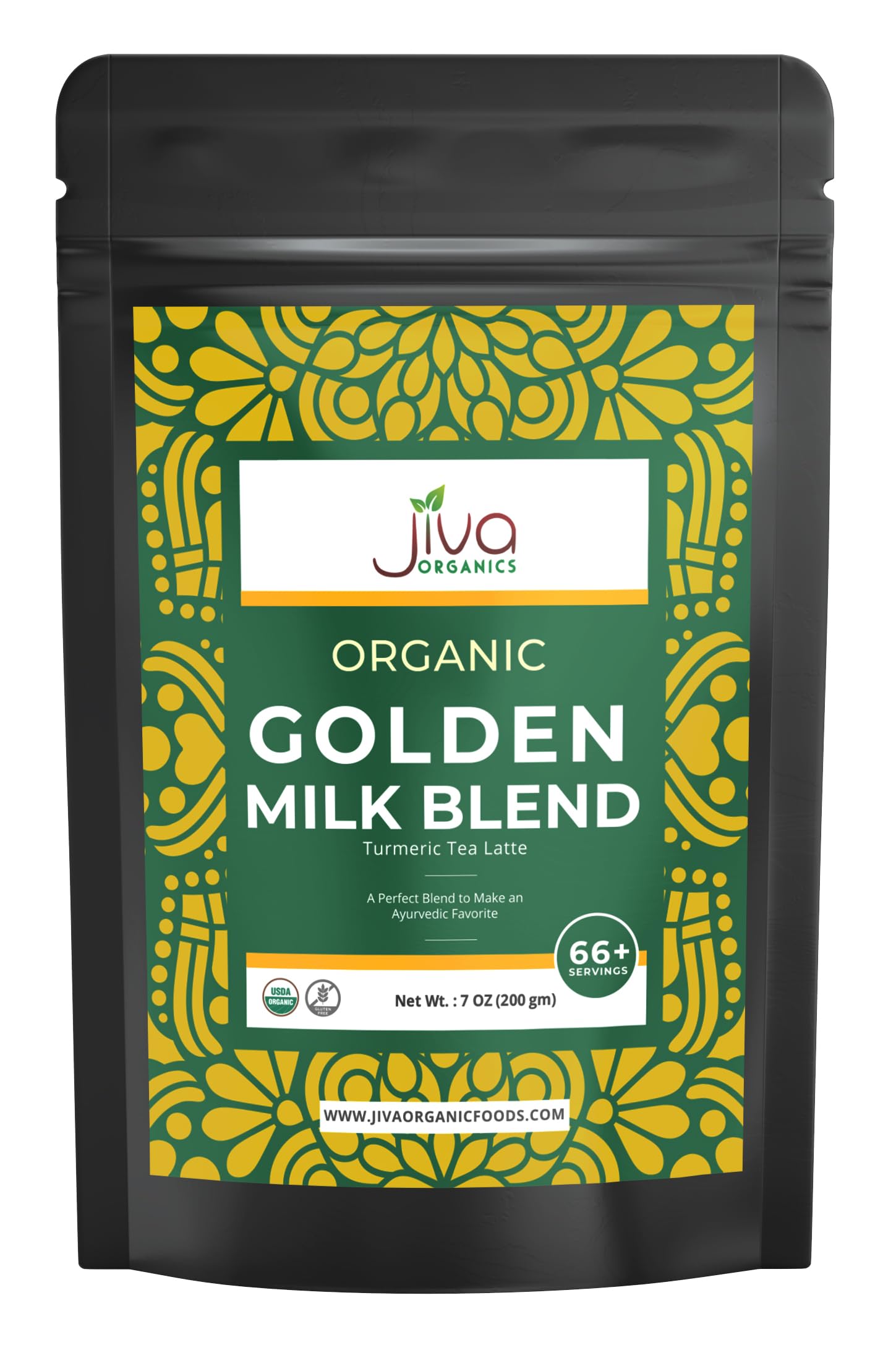Jiva Organics Turmeric Tea Latte - Golden Milk Powder 7 Ounce Bag - Ashwagandha, Cardamom, Ginger, Black Pepper & More