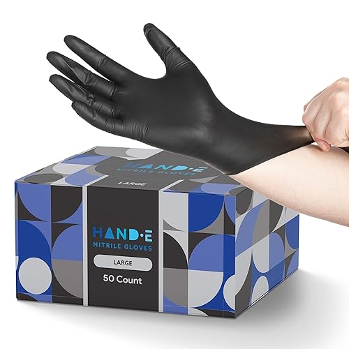 Hand-E Touch Black Nitrile Disposable Gloves Large, 50 Count - BBQ, Tattoo, Hair Dye, Cooking, Mechanic Gloves - Powder and Latex Free - Tattoo