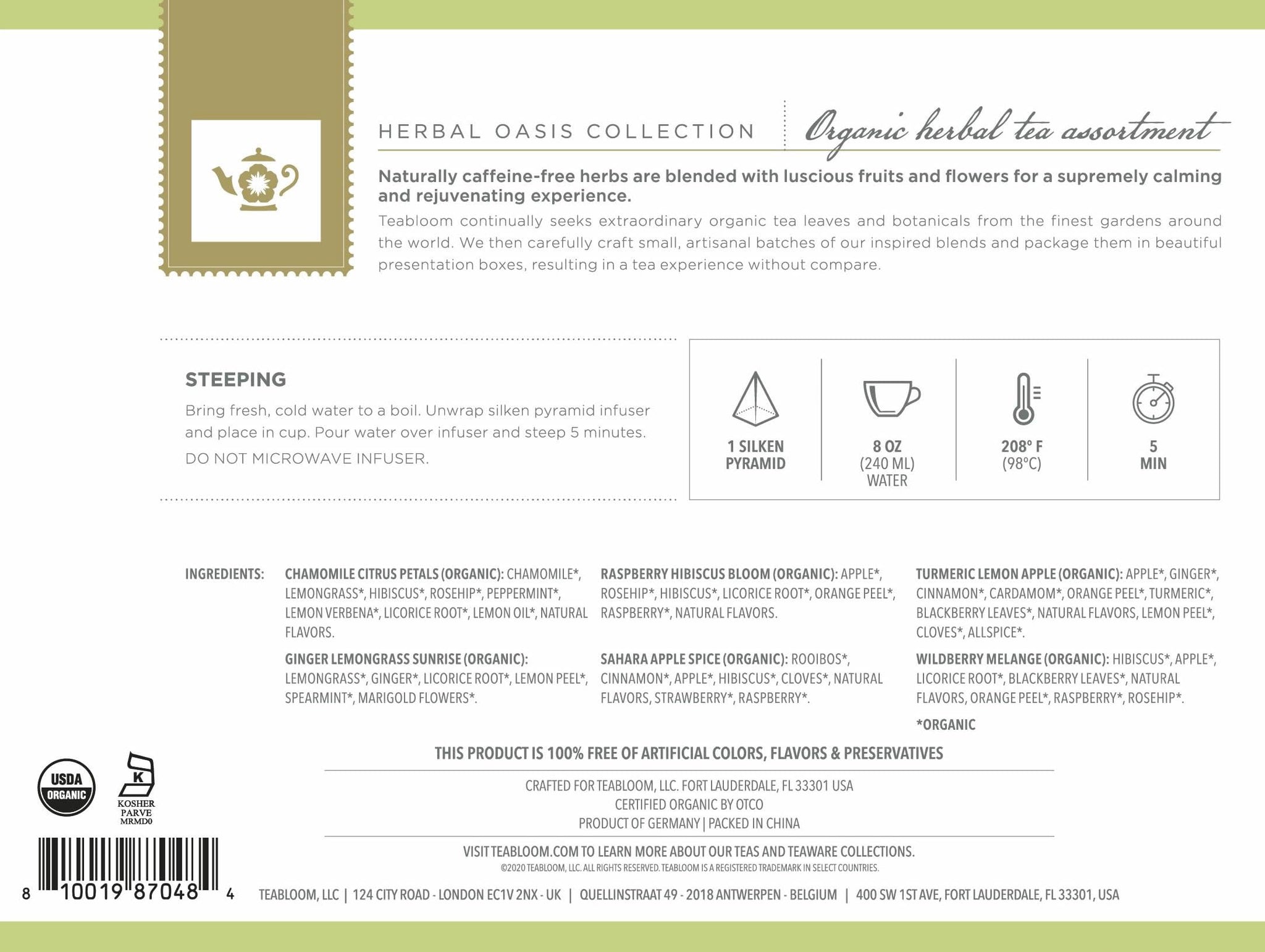 Teabloom Organic Herbal Oasis Pyramid Tea Presentation Box, 12 Assorted Herbal Tea Blends, USDA Certified Organic Whole-Leaf Pyramid Tea Sachets