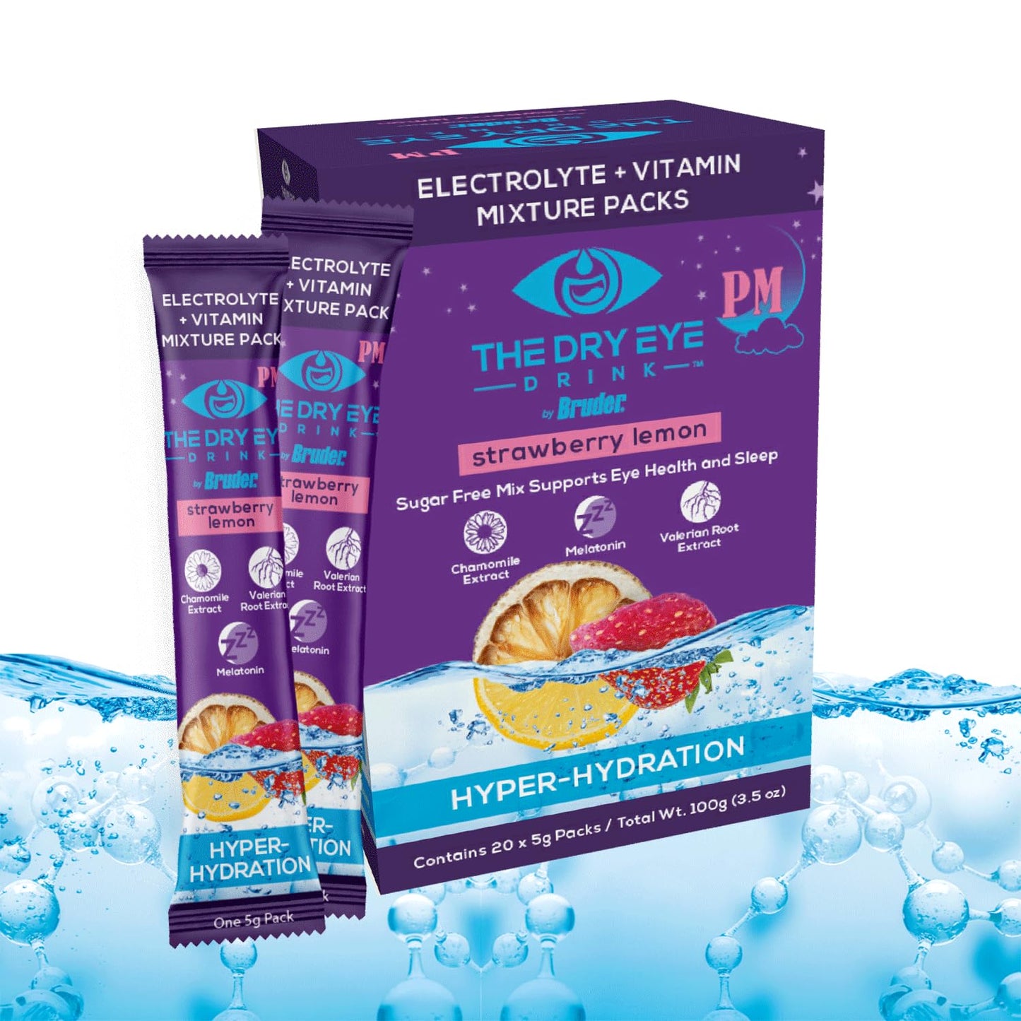 The Dry Eye Drink PM Night Time Strawberry Lemon Flavor l Ultimate Hydration for Dry Eyes l Sugar-Free Electrolyte Powder Packets l Help Deep