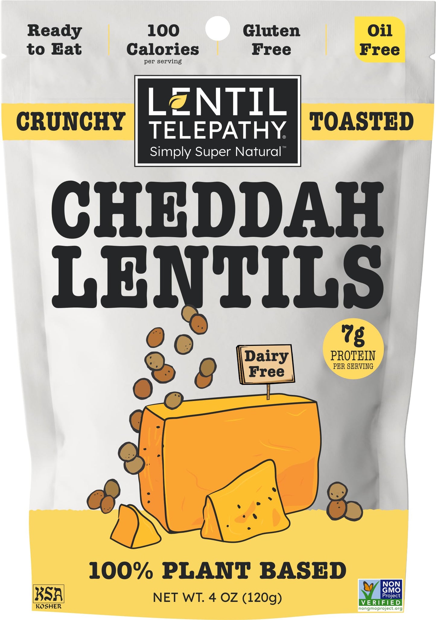 Lentil Telepathy Cheddah Crunchy Whole Lentil Snack, Vegan Cheddar Flavor, OIL FREE, Never Fried, Plant Based, Gluten Free, 4 oz
