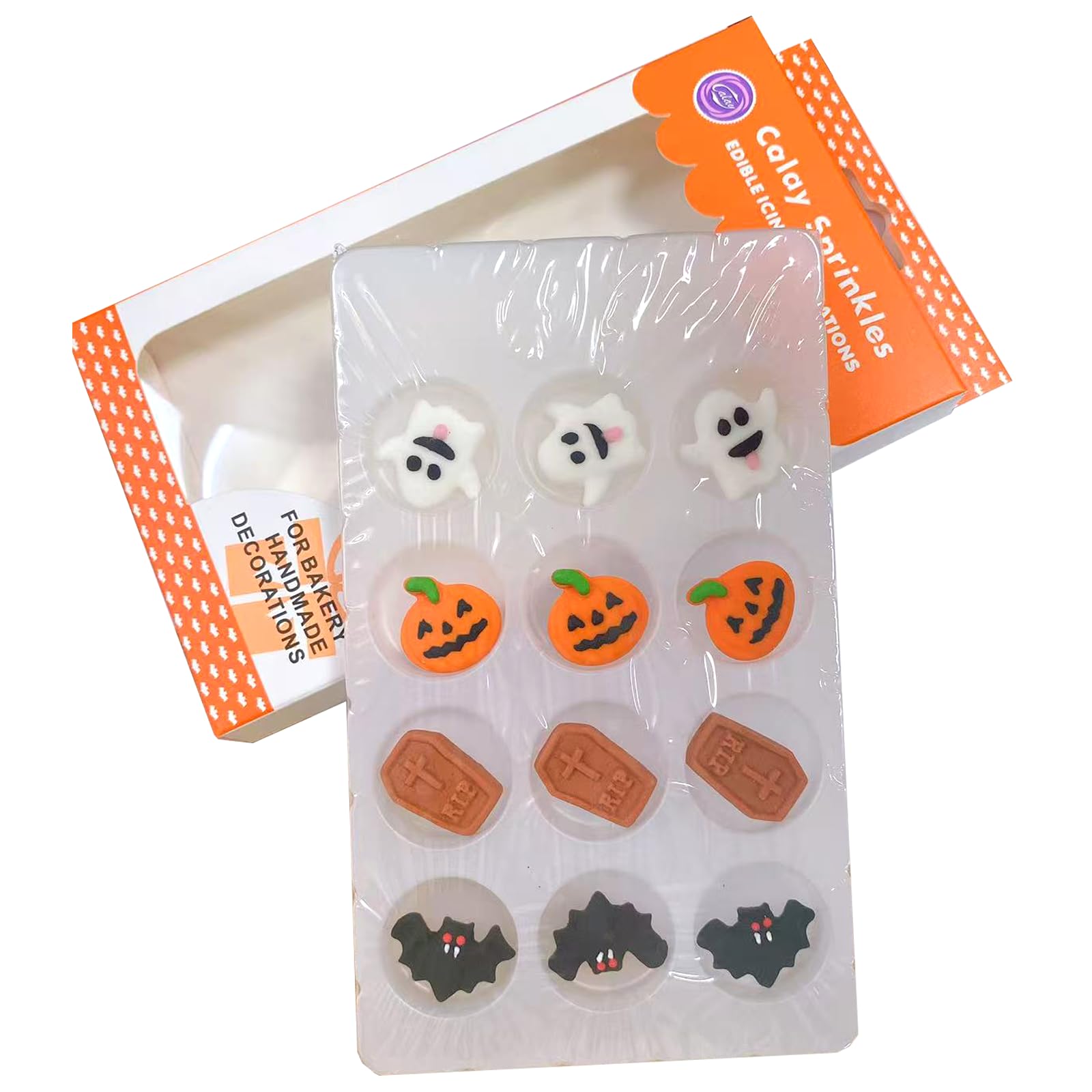 Sentovac 12 Pcs Halloween Icing Decoration Edible Tombstone Pumpkin Ghost Bat Mix Candy Dessert Sprinkles DIY For Cookie Cake Cupcake Topper Icing