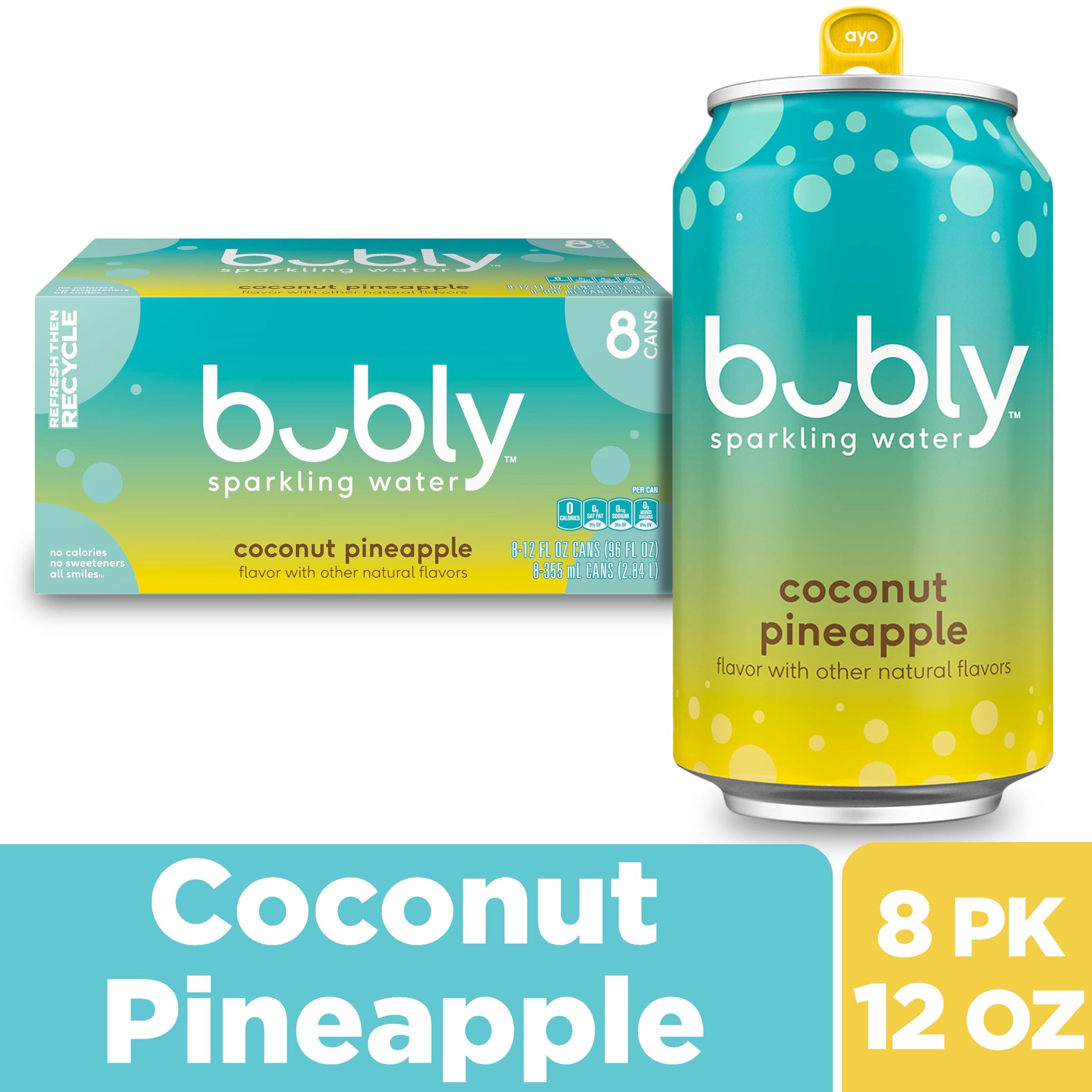 bubly Sparkling Water, Coconut Pineapple, Zero Sugar & Zero Calories, 12 Fl Oz Cans (Pack of 8)
