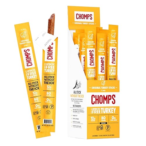 Chomps Original Turkey Jerky Snack Sticks Keto Paleo Whole30 Approved Gluten Free 1.15oz (24 Pack)