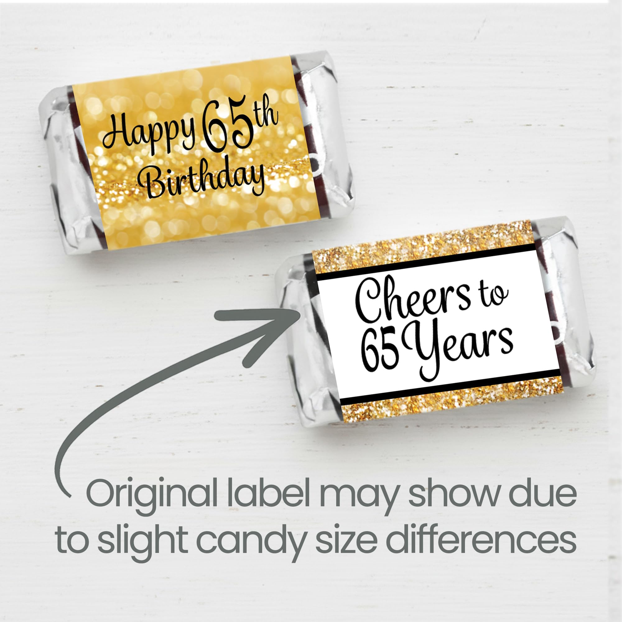 Black and Gold 65th Birthday Party Mini Candy Bar Wrappers - 42 Stickers