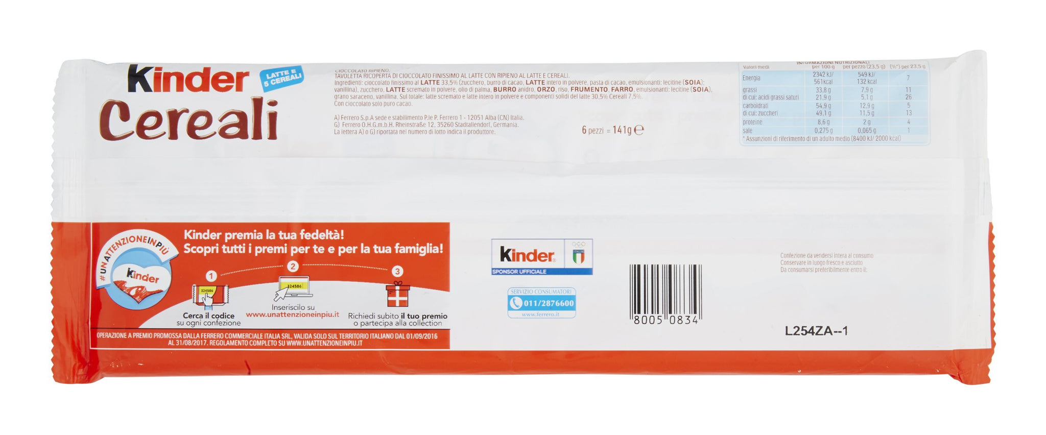 Kinder Cereali, tavolette di cioccolato ai cereali, 6 pezzi da 23,5 gr