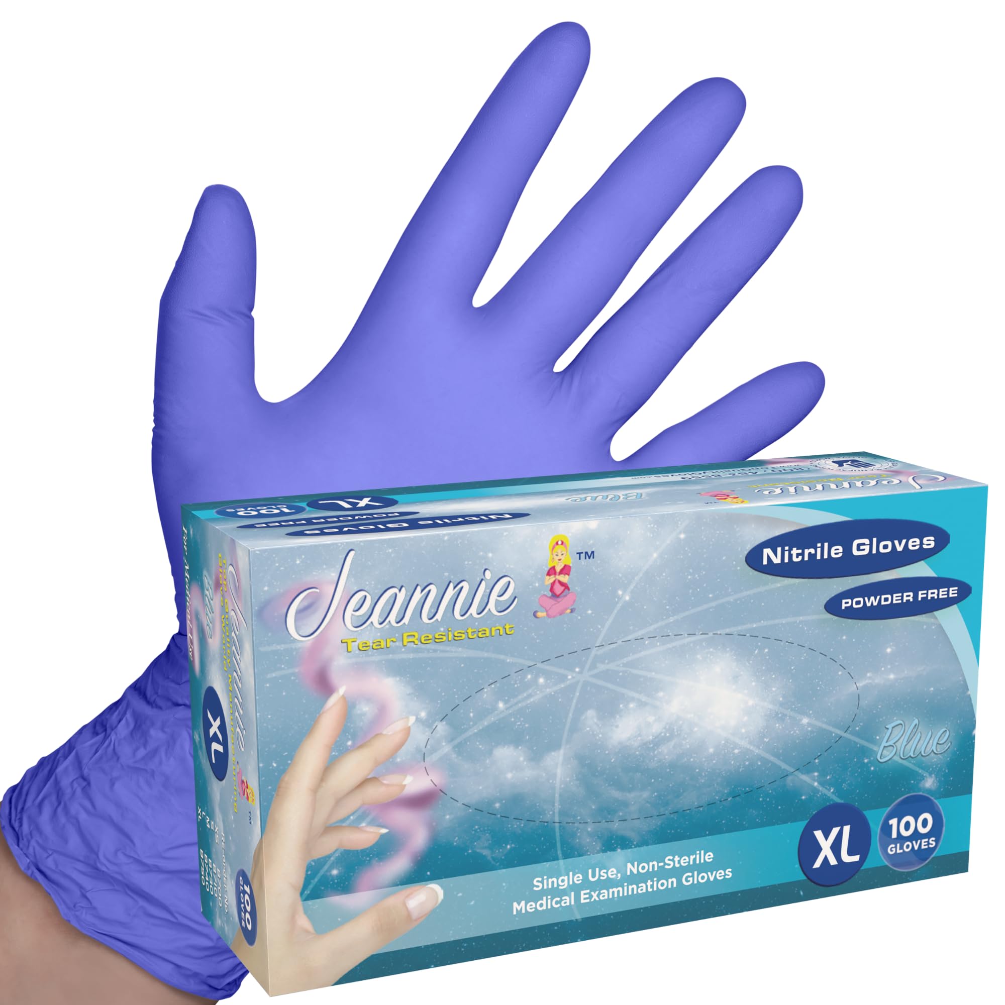 GLOVE WORLD Jeannie Nitrile Disposable Gloves - Blue, Small, 100/Box - Super Stretch, Tear-Resistant, Latex and Powder Free - Ideal for Food Prep