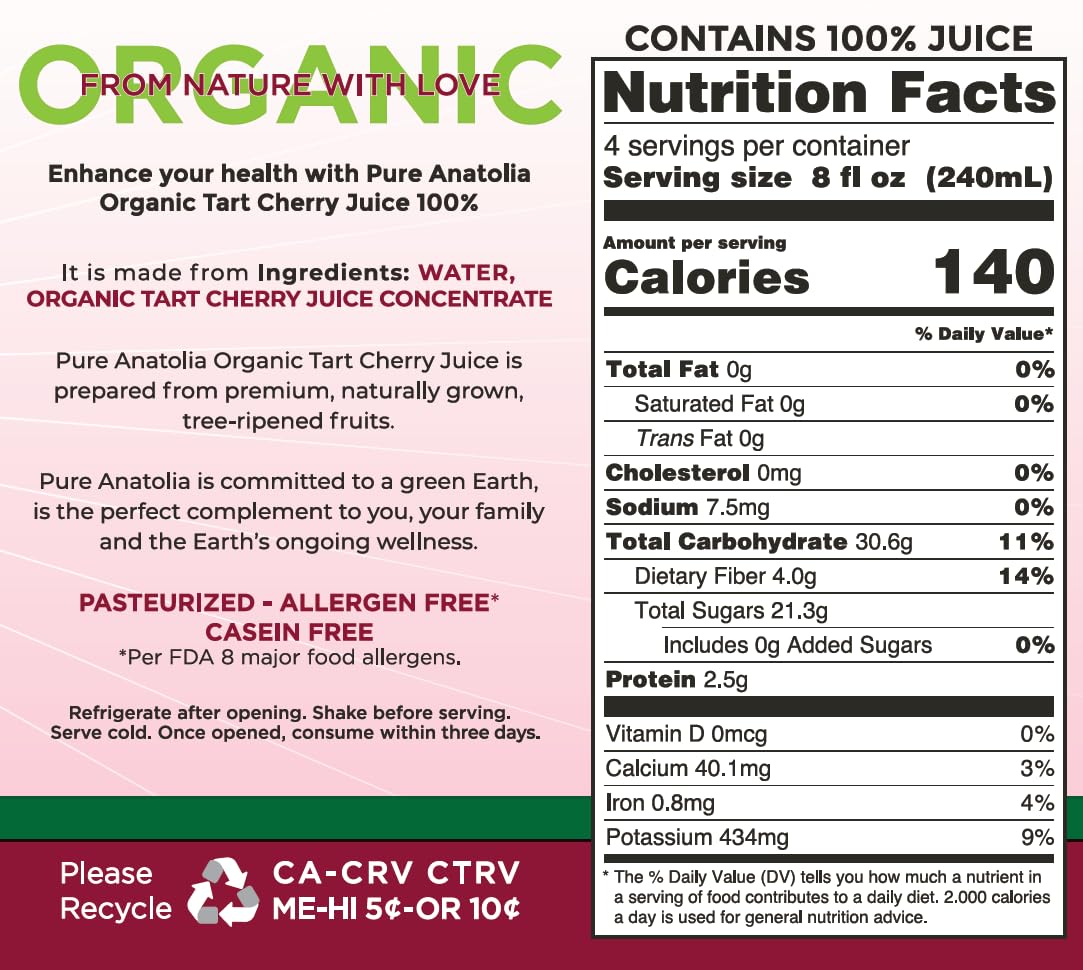 Pure Anatolia Organic Tart Cherry Juice 32 fl oz - Unsweetened Pure Tart Cherry Juice Organic - No Sugar Added, Non GMO, Gluten Free, Kosher - Sour