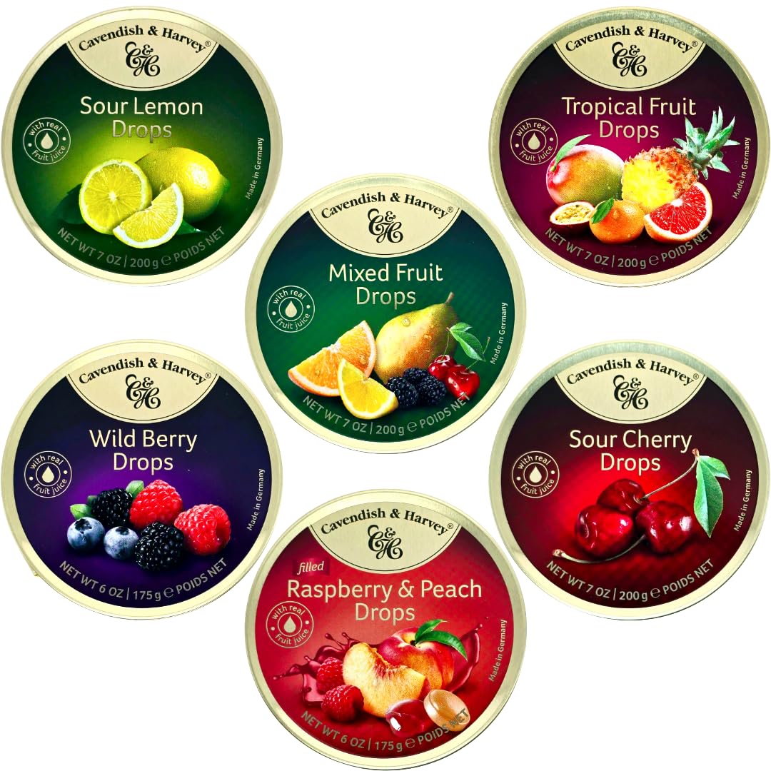 Cavendish and harvey variety flavor hard candy drops sour cherry, wild berry, tropical fruit, sour lemon, raspberry and peach, mixed fruit and other