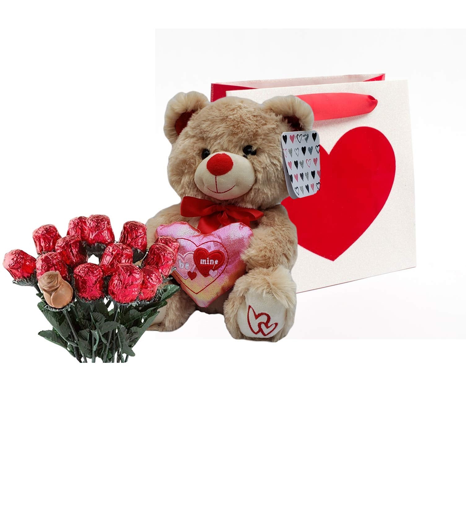 Valentines Day Gift Basket | 10 Inches Teddy Bear Plush (Color May Vary), Valentine Theme Gift Bag & A dozen Belgian Milk Chocolate Roses Bouquet 2.11