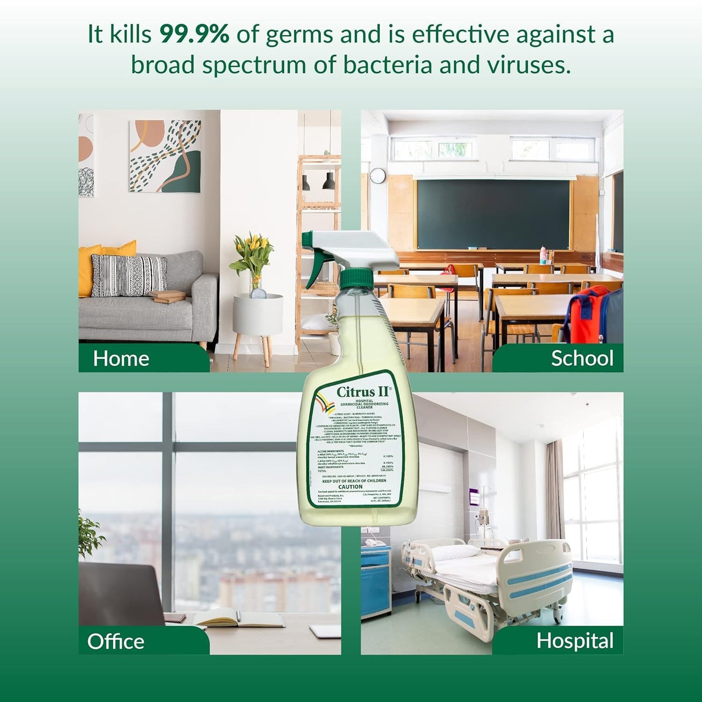 Citrus II Hospital Germicidal Deodorizing Cleaner - Fresh Citrus Scent - Disinfecting Spray - for Home, Hospital and Office Surfaces and Supplies - 22