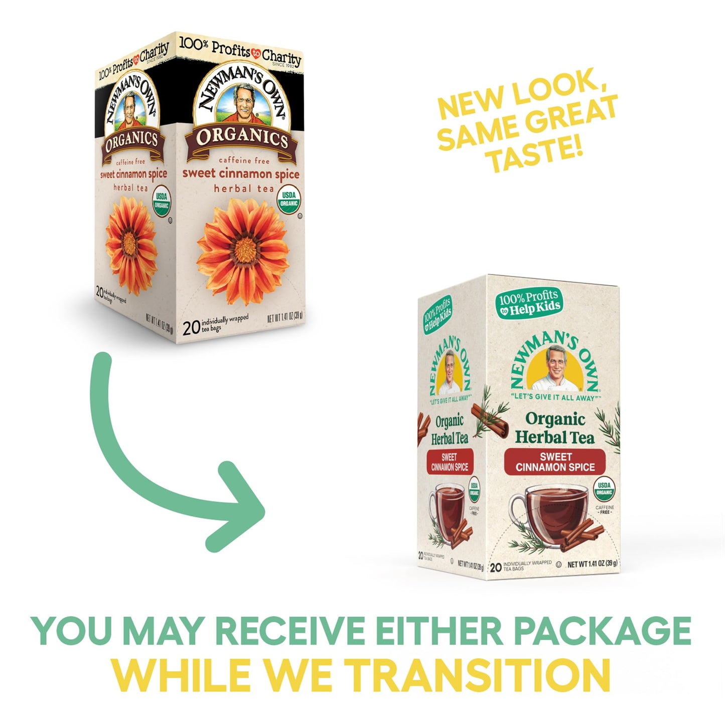 Newman's Own Organic Sweet Cinnamon Spice Herbal Tea with Rooibos Tea with Organic Ginger 20 Individually Wrapped Tea Bags Per Box (Pack of 2) USDA