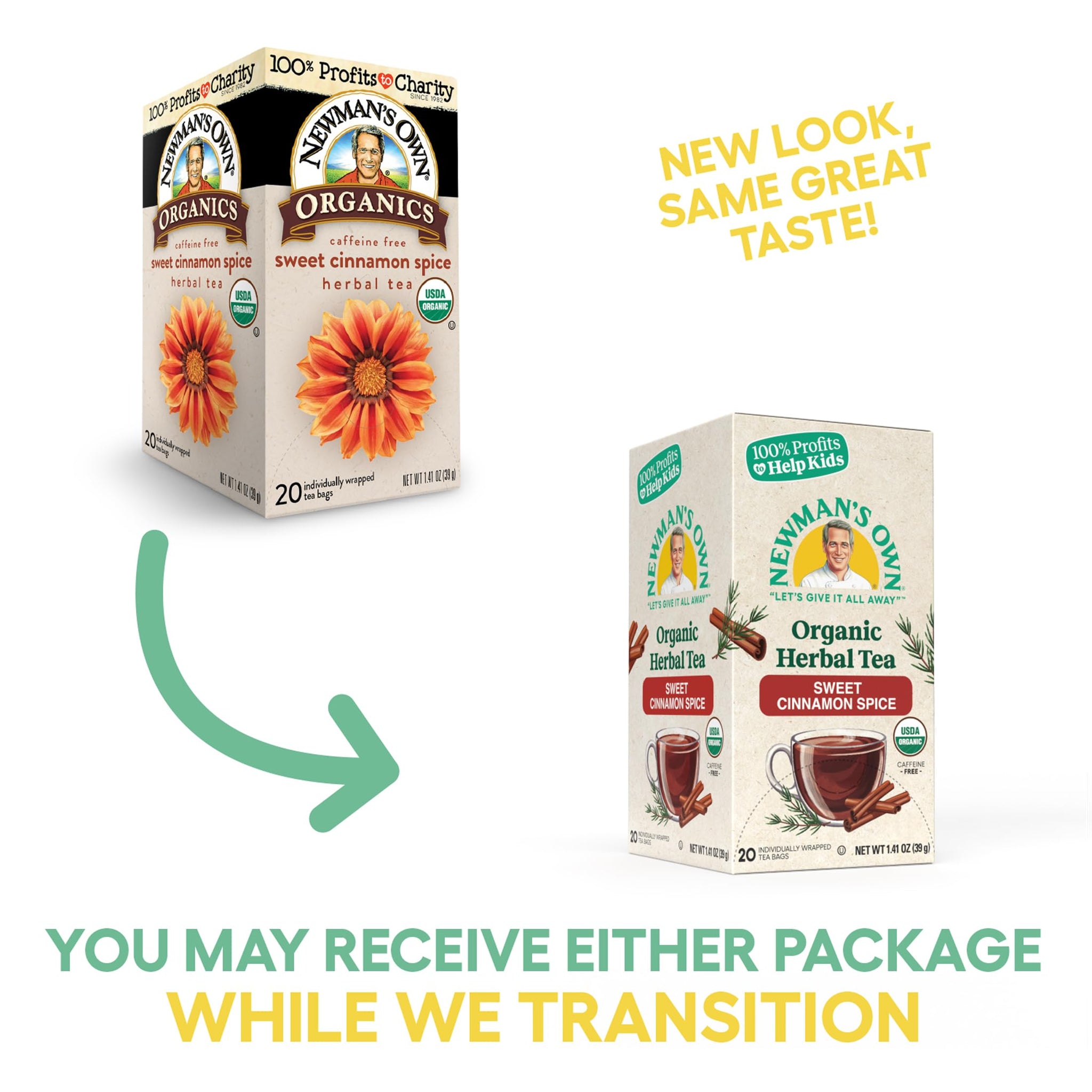 Newman's Own Organic Sweet Cinnamon Spice Herbal Tea with Rooibos Tea with Organic Ginger 20 Individually Wrapped Tea Bags Per Box (Pack of 2) USDA