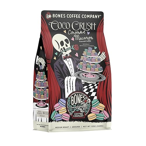Bones Coffee Company Coco Crush, Coconut Macaron Flavored Coffee, Medium Roast Low Acid Arabica Beans Compatible with Auto drip and French Press