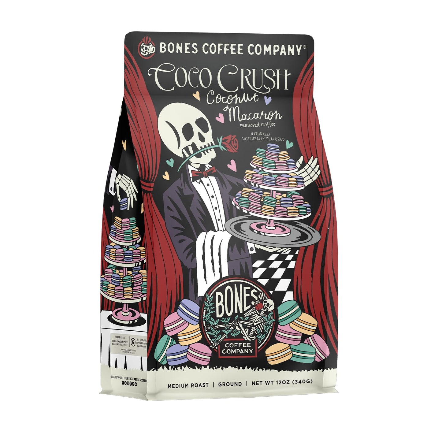 Bones Coffee Company Coco Crush, Coconut Macaron Flavored Coffee, Medium Roast Low Acid Arabica Beans Compatible with Auto drip and French Press