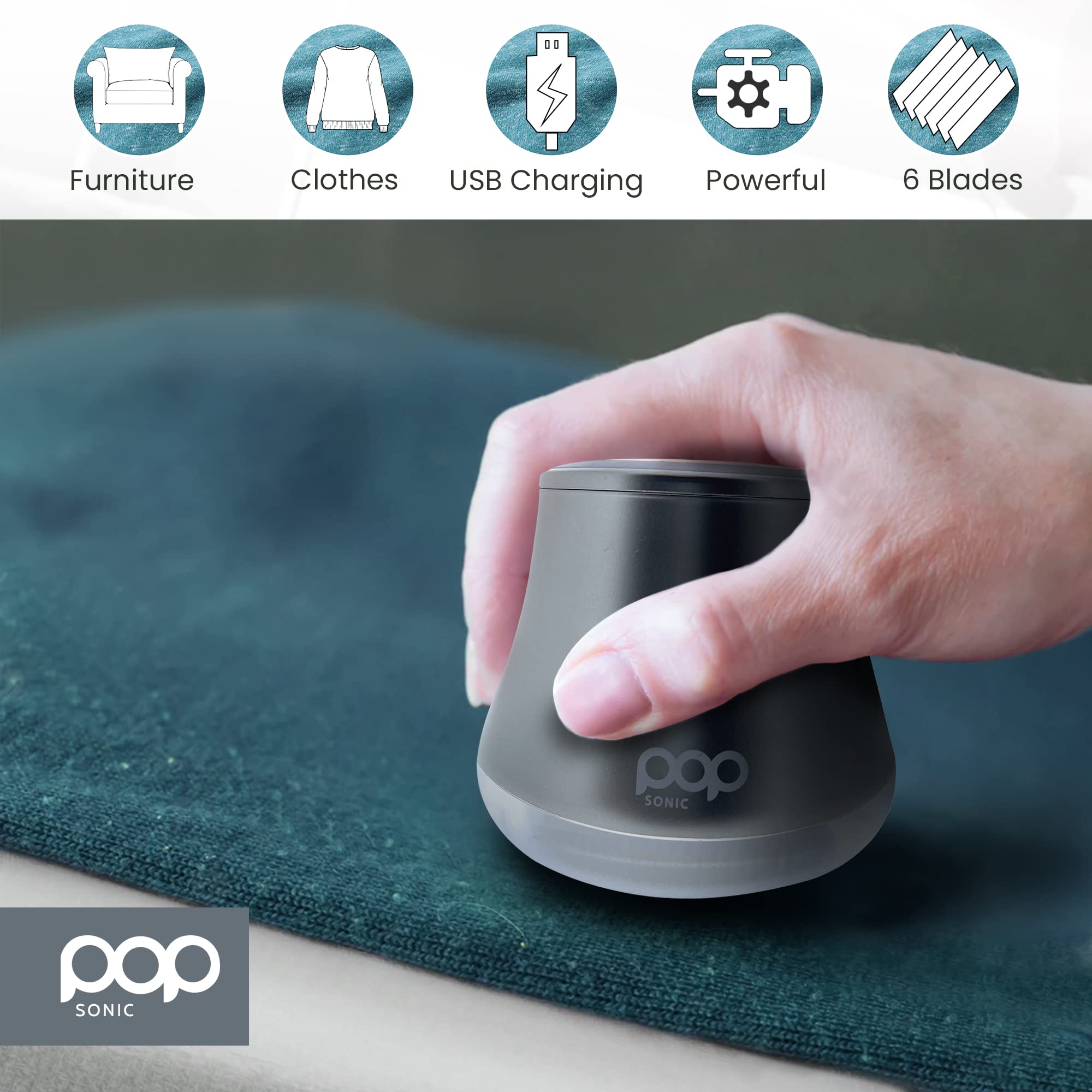 Fabric Shaver, Lint Remover Electric (Silver) - Rechargeable, 6 Blade System, Fabric Lint Shaver w/LED Light | One-Touch Activation Pill Shaver