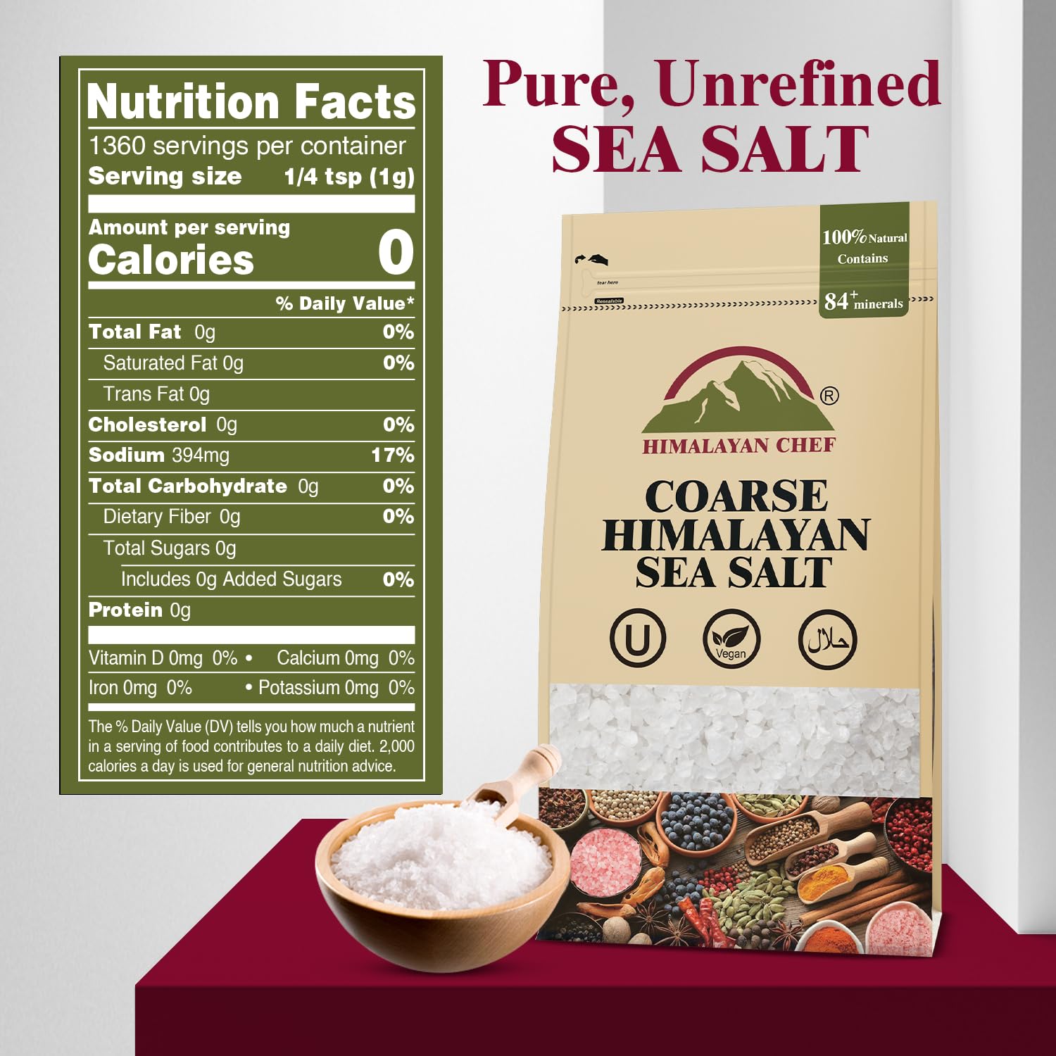 Himalayan Chef Sea Salt, Coarse Grains, 192 Ounce - All Natural and Hand Harvested Unrefined Salt, Gluten Free, Non-GMO Seasoned Salt, 48 Ounce/Each
