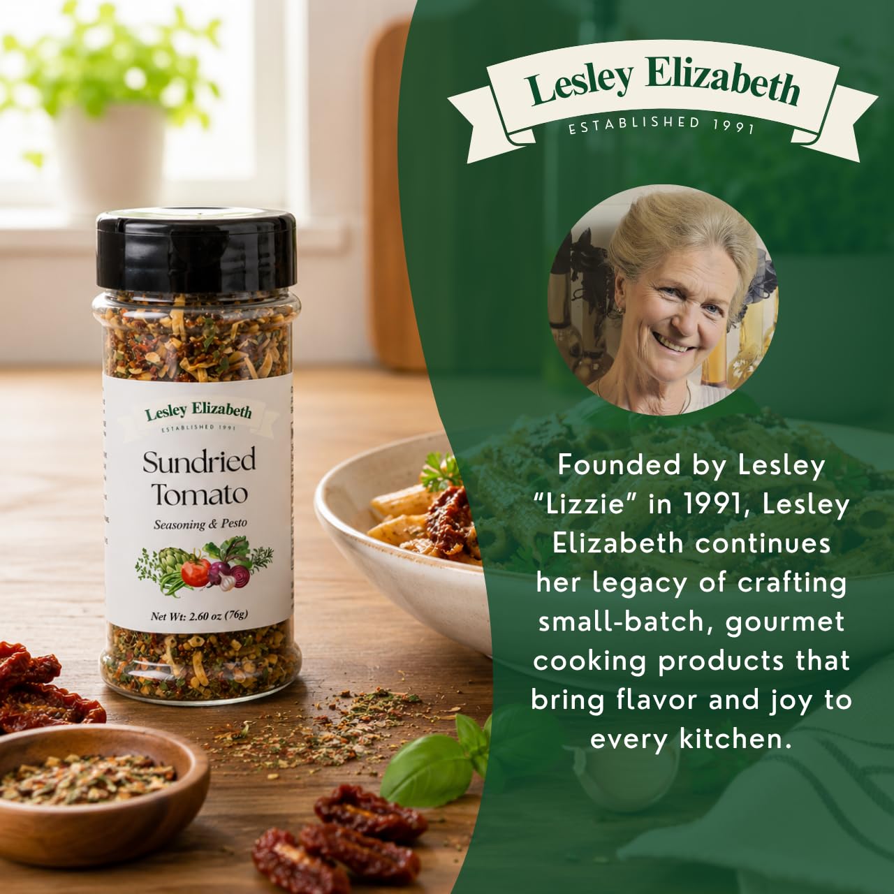 Lesley Elizabeth Sundried Tomato Seasoning & Pesto - Gourmet Italian Herb & Tomato Blend for Pasta, Chicken, Vegetables & Sandwiches | All-Purpose