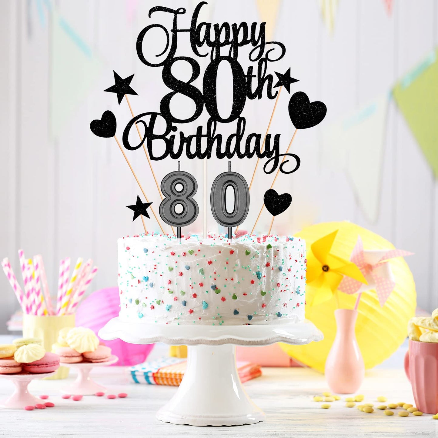 80th Birthday Cake Decorations Set, 80th Birthday Candles Numeral 80 Cake Candles and Happy 80th Birthday Cake Toppers for Party Supplies (Black