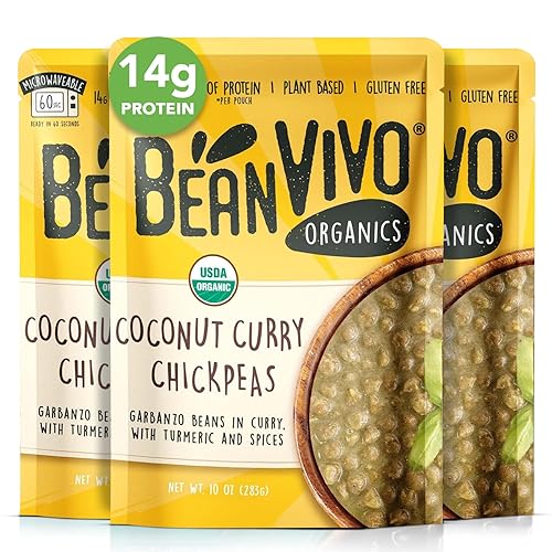 BeanVIVO (Pack of 3) Organics 14g Plant based Protein Coconut Curry Chickpeas - Good Source of Fiber - Nutritious & Microwave Meals - Gluten-Free