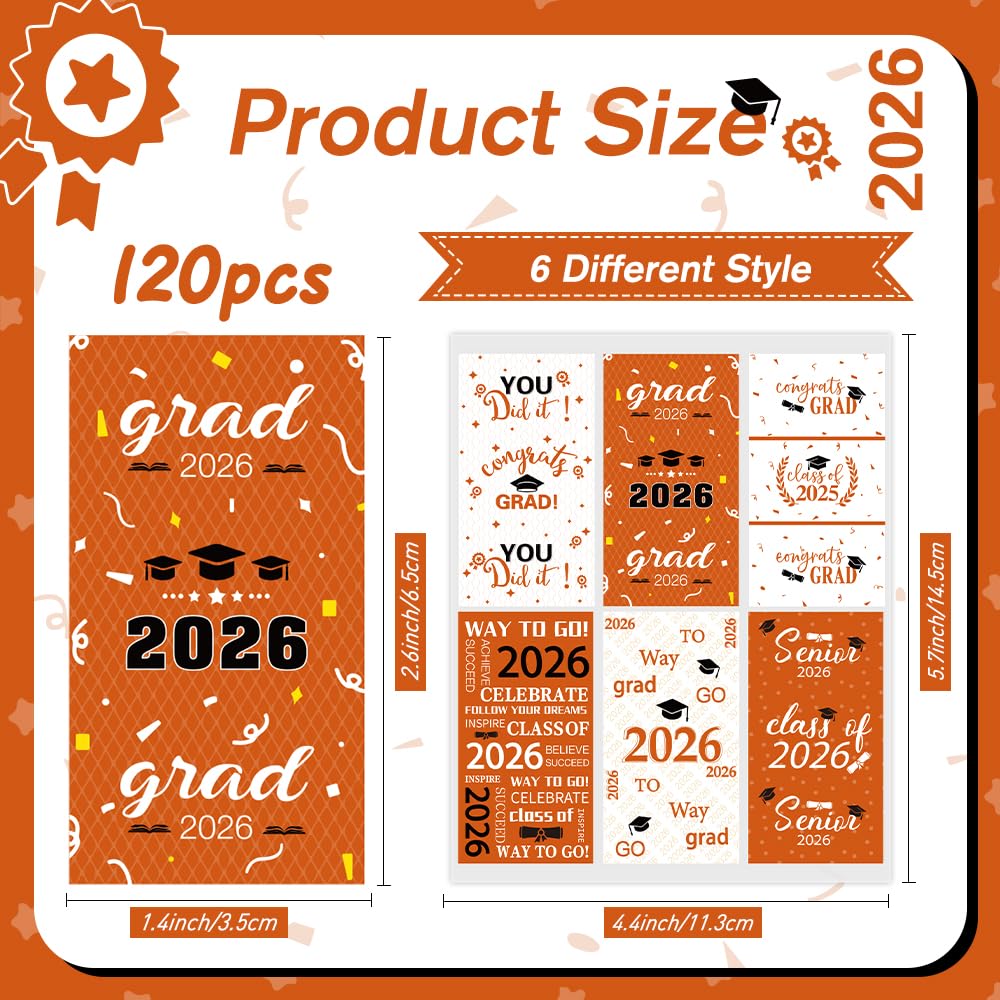 Graduation Party Decorations, 2026 Graduation Candy Stickers, 120 PCS Orange White Congrats Grad Mini Candy Wrapper Class of 2026 Bar Label Sticker
