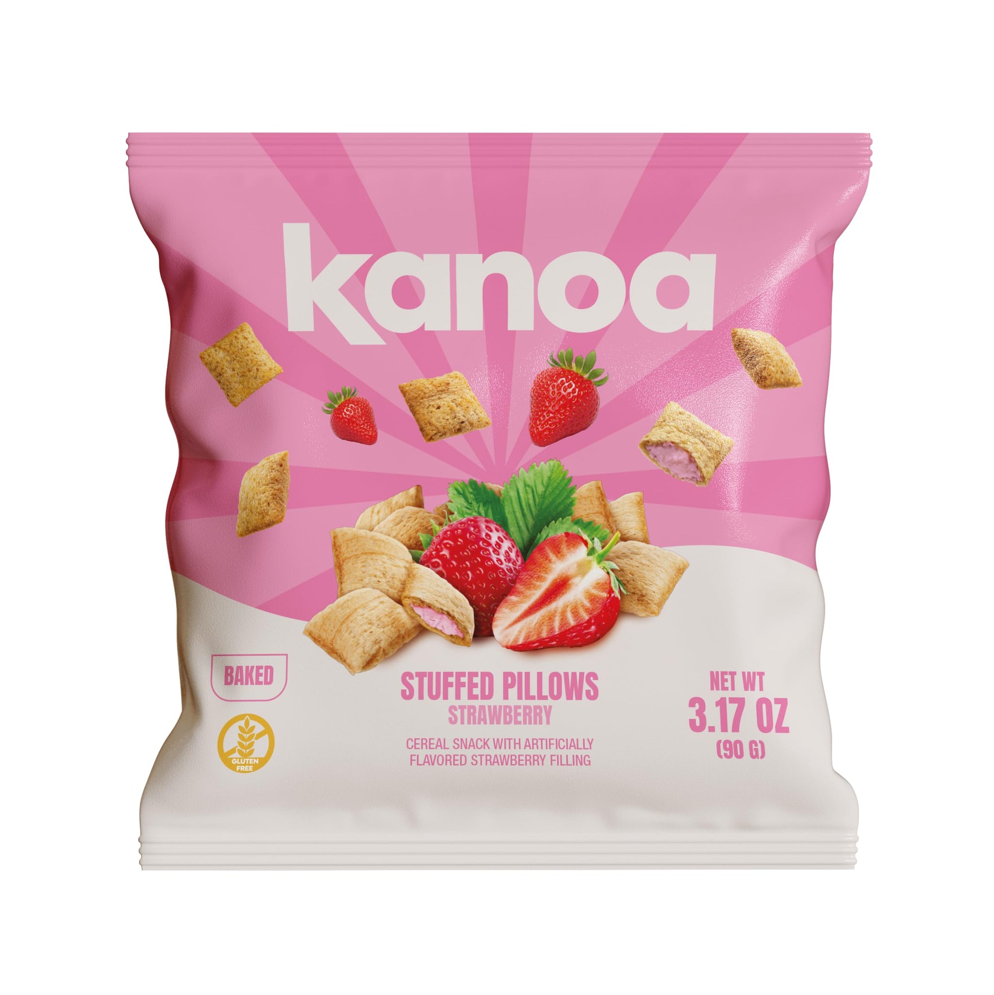 Kanoa Filled Cereal Snacks - 3.17 oz Bags (Pack of 14) - Gluten Free Cereal Pillows Snack (Strawberry)