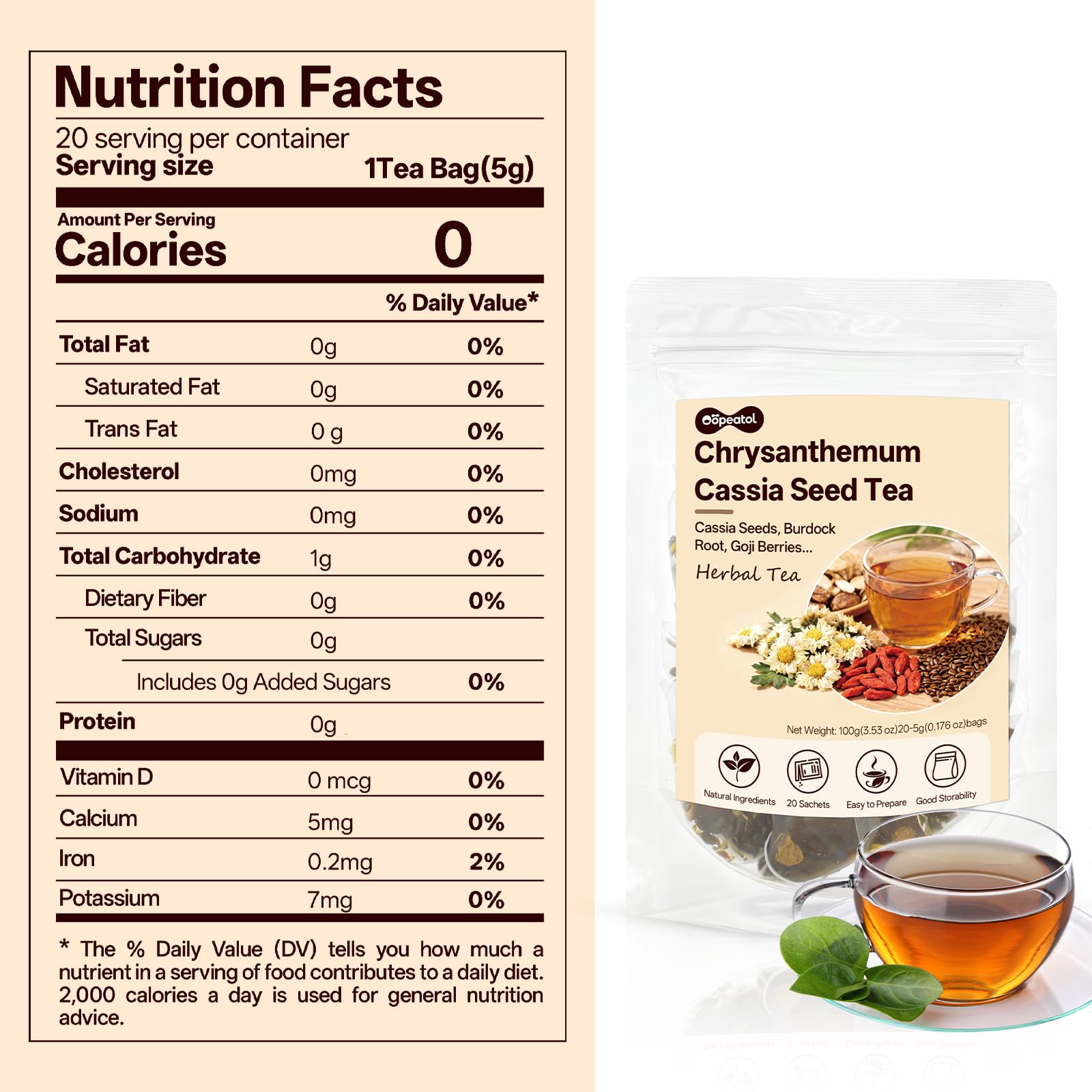 Chrysanthemum Cassia Seed Tea Bags - 20 Pcs Teabags for Liver Detox Cleanse Natural Herbal Flower Tea with Goji Berries, Honeysuckle, Burdock Root