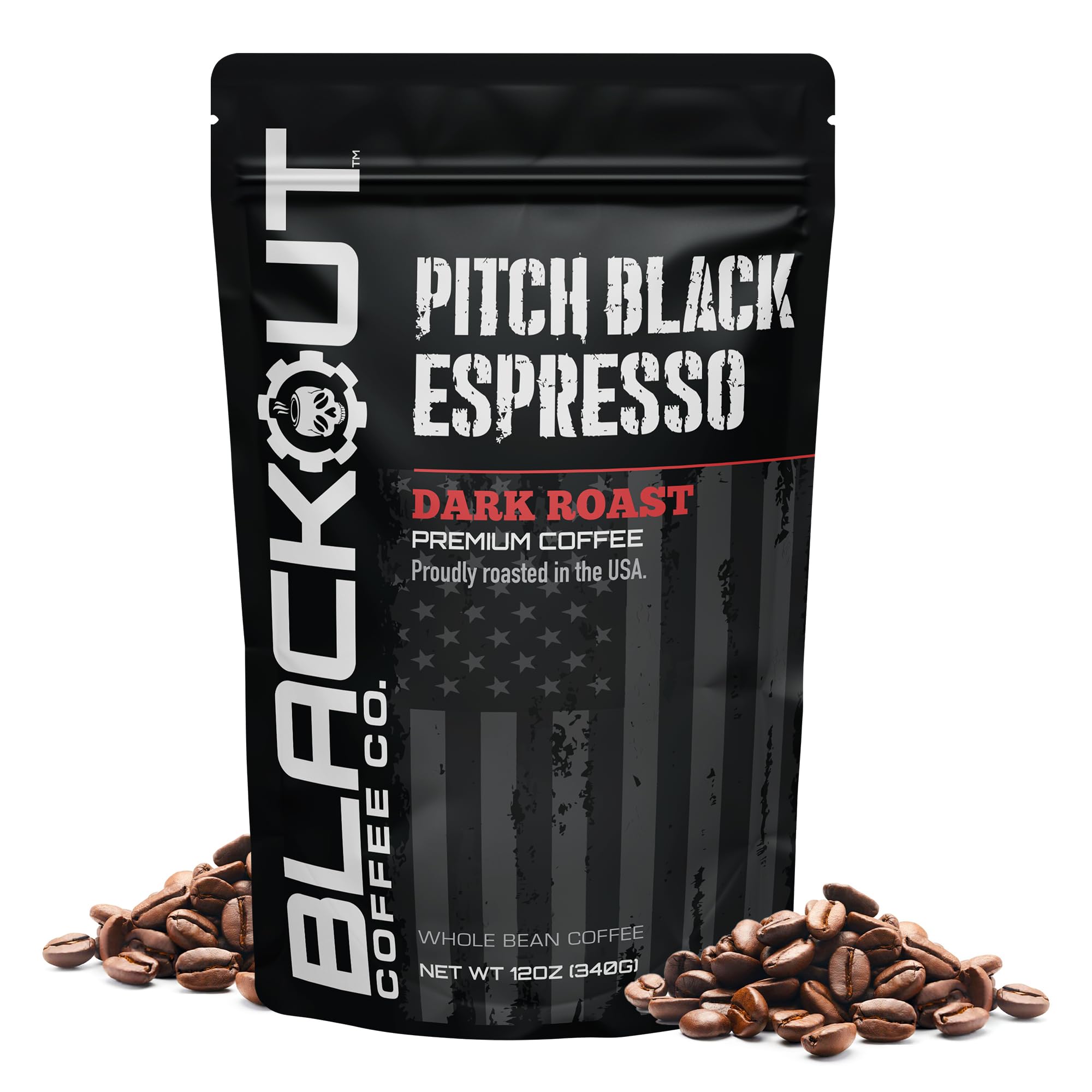 Blackout Coffee Pitch Black Espresso Whole Bean Coffee - Extra Dark Roast, European-Style, Powerfully Bold - Freshly Roasted 12oz Bag.