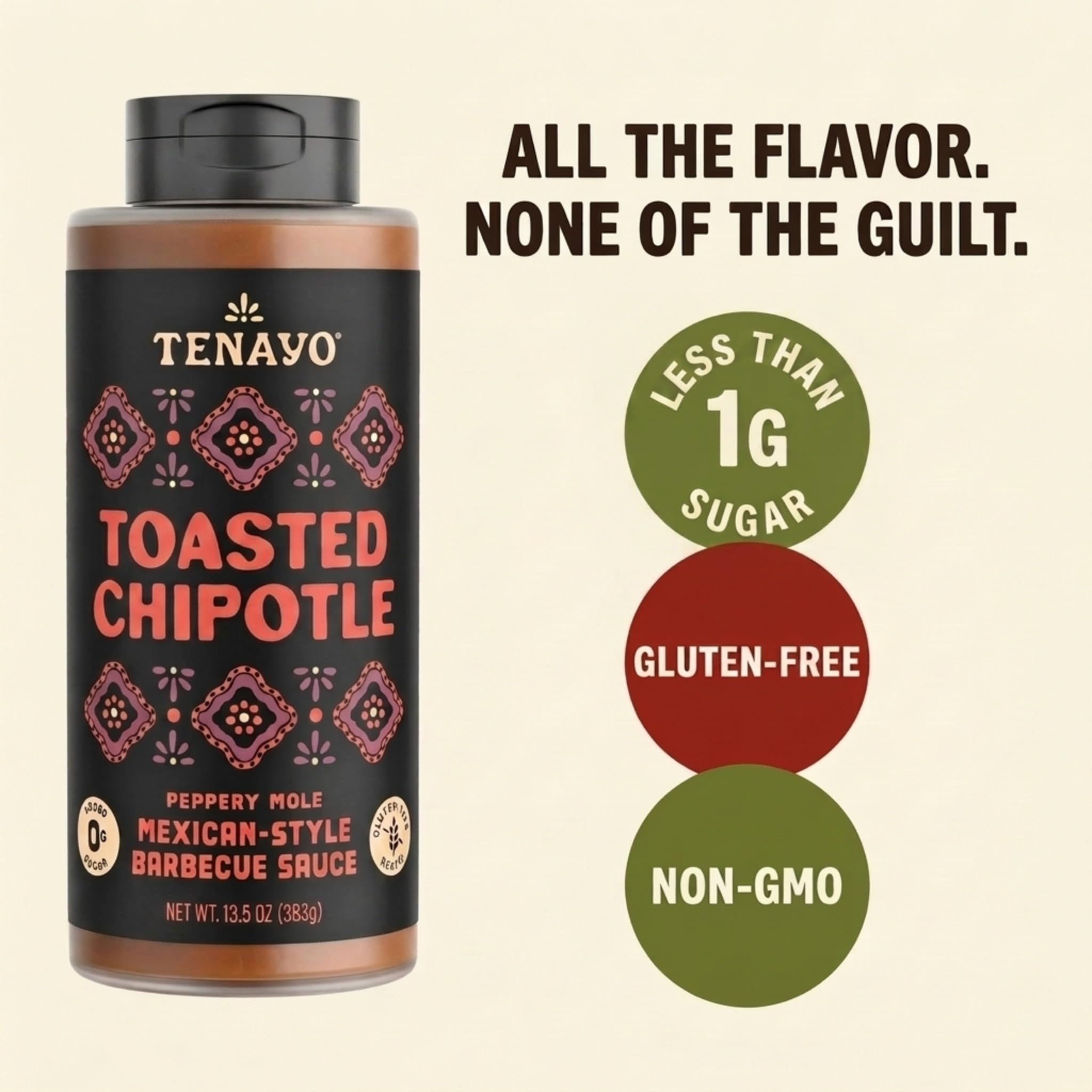 Tenayo Toasted Chipotle Barbecue Sauce, 2-Pack (13.5 oz Bottles) - Mexican Style Sauce with Chipotle Peppers, Chocolate & Spices - Only 1g of Sugar
