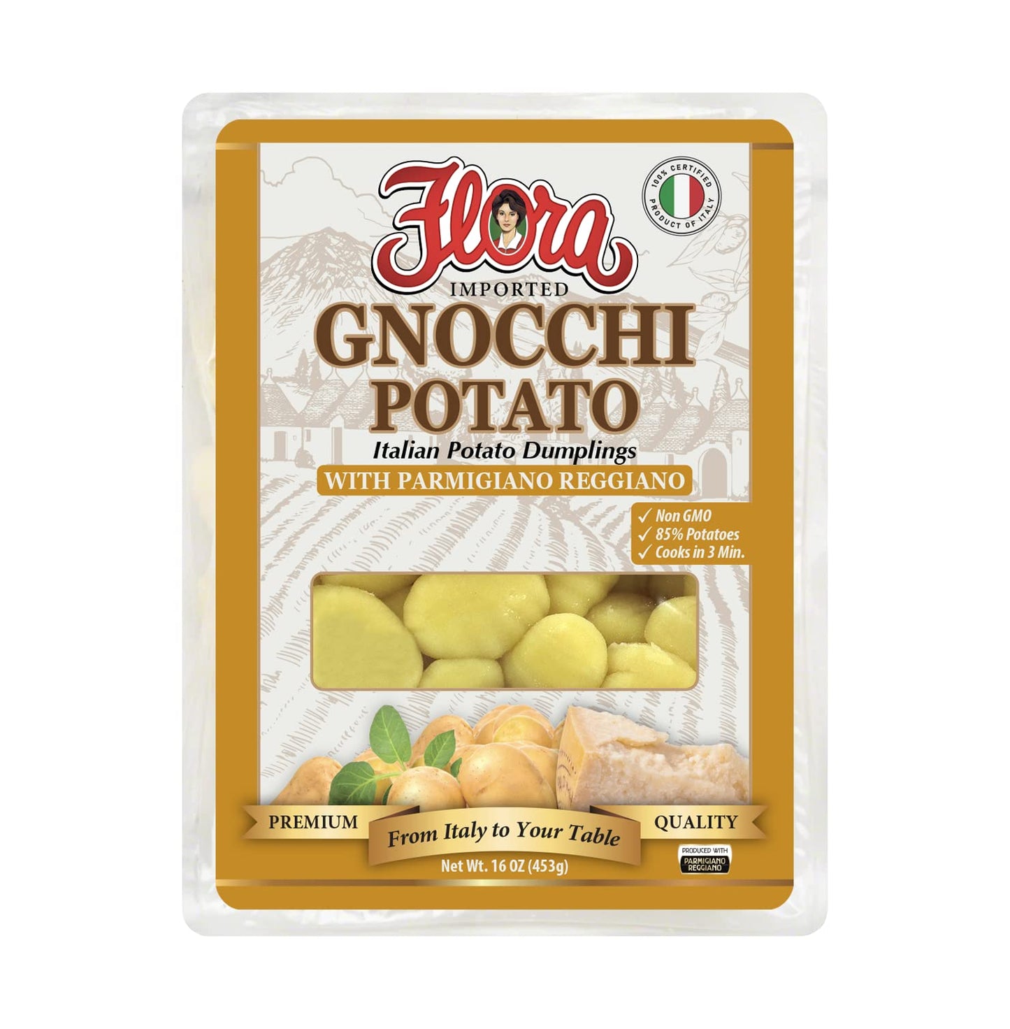 Flora Imported Potato Gnocchi Classic | Authentic Italian Dumplings | Made with 85% Potatoes | Non-GMO | Cooks in 2 Minutes | 16 oz (453g) (16 oz