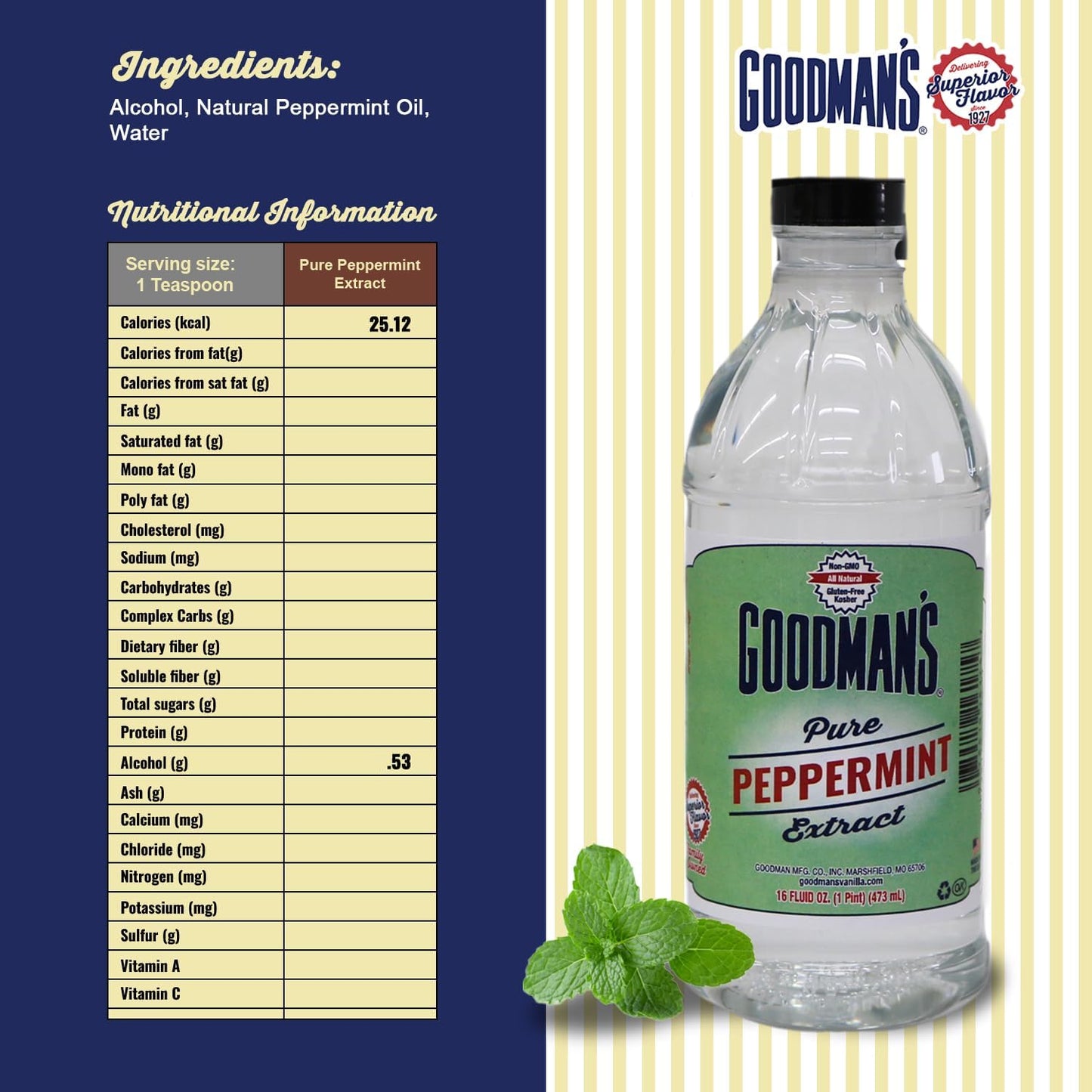 Goodman's Pure Peppermint Extract - Gluten-Free, Non-GMO, Kosher, Low Carb & Low Calorie - Ideal for Hot Chocolate, Coffee, Icing, Candy, and More